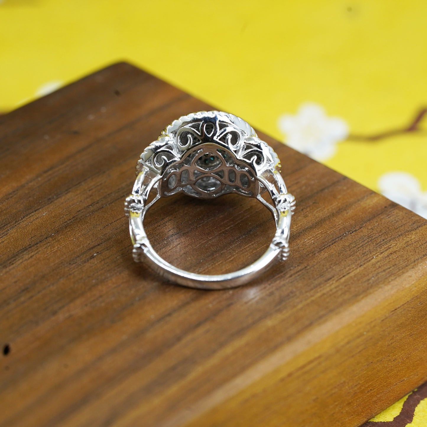 Size 8.25, vintage Sterling silver 925 ring with cluster genuine black diamond