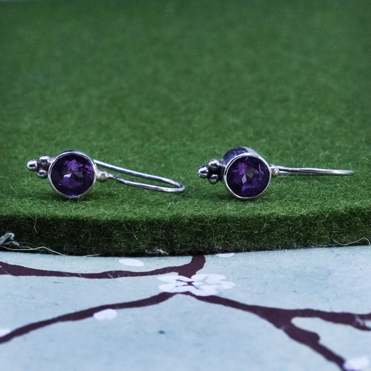 Native American sterling silver handmade earrings, 925 drops with amethyst