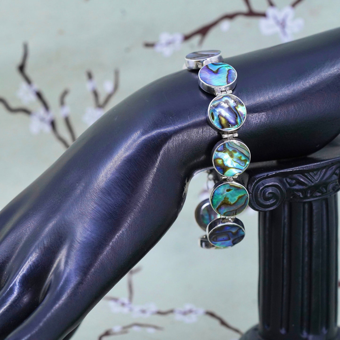 7”, vintage sterling 925 silver handmade bracelet with abalone
