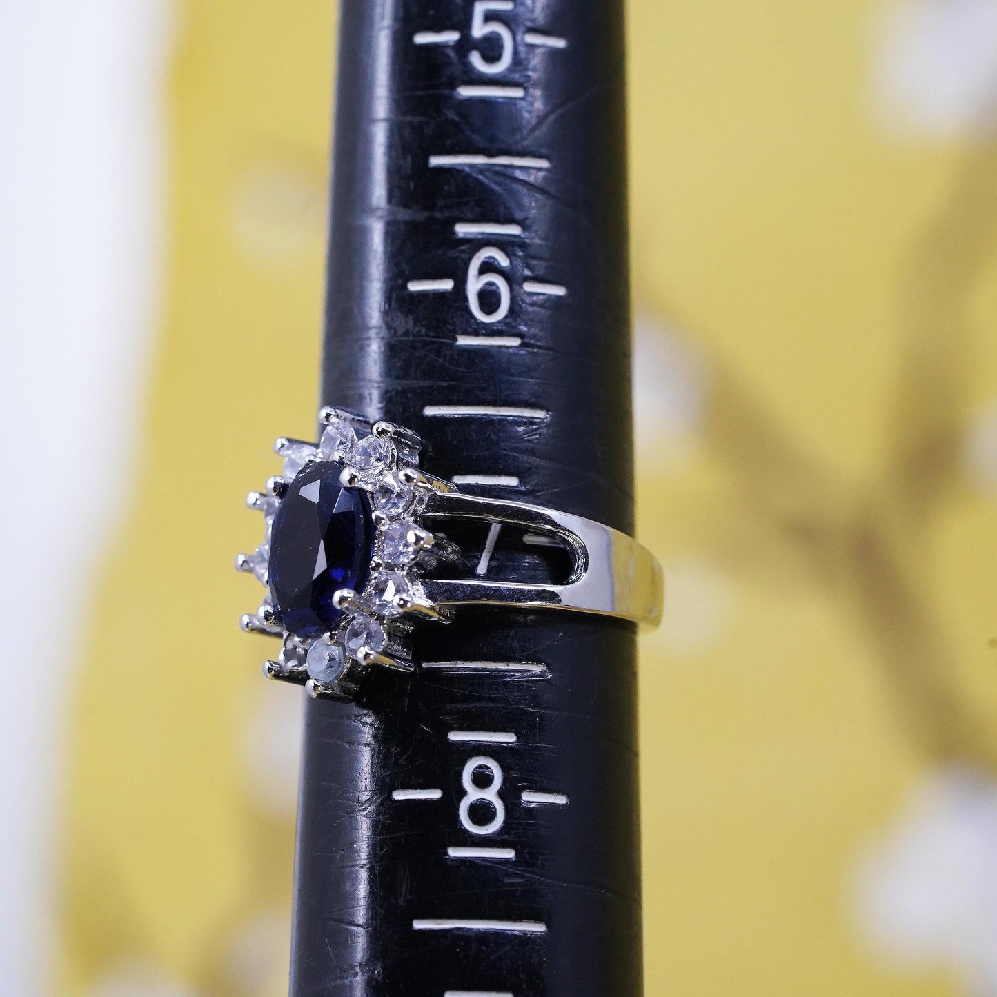 Size 7, Vintage Sterling Silver 925 Blue Sapphire Halo Ring, Oval CZ Cluster