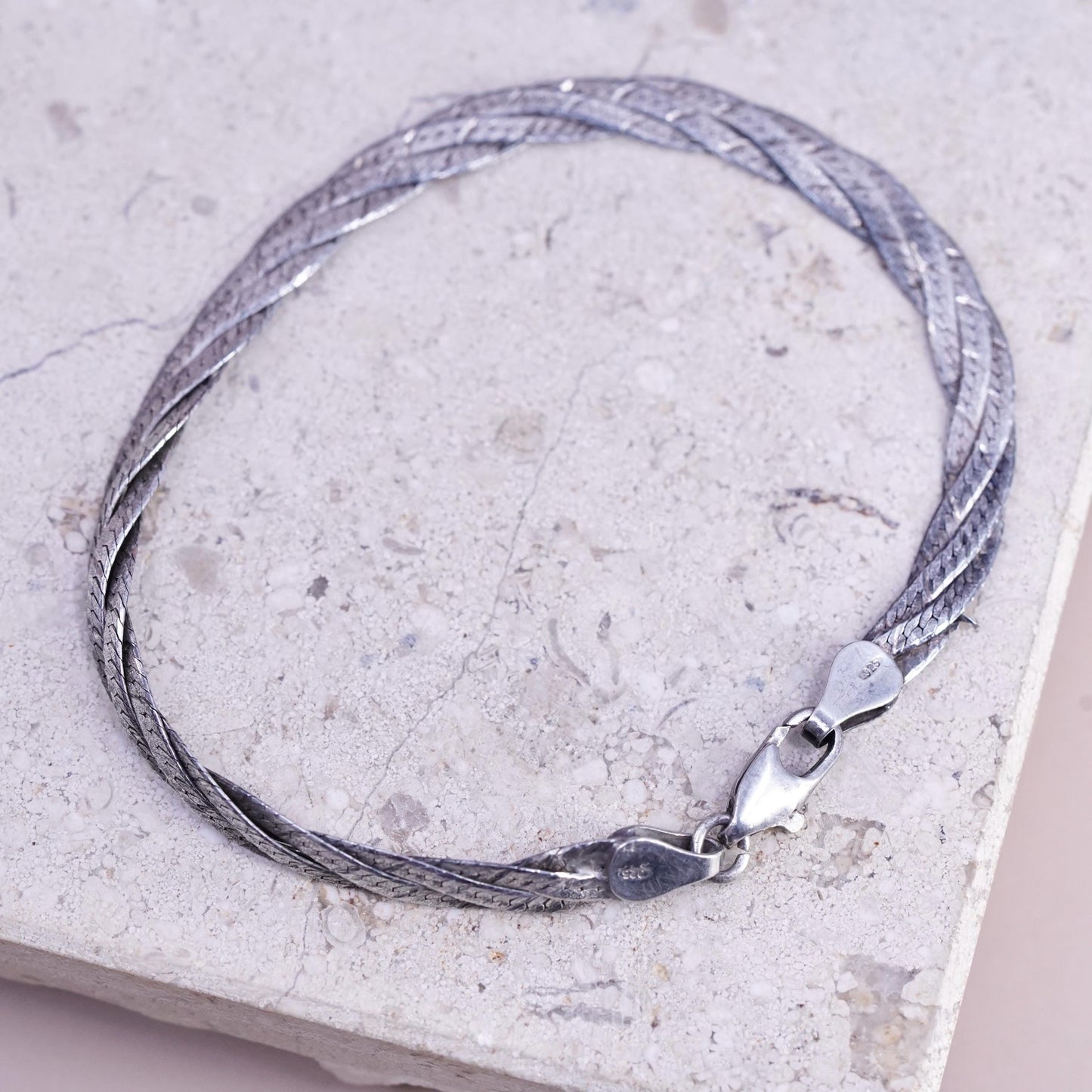 7", 6mm, vintage Sterling silver bracelet, 925 woven flatten herringbone chain