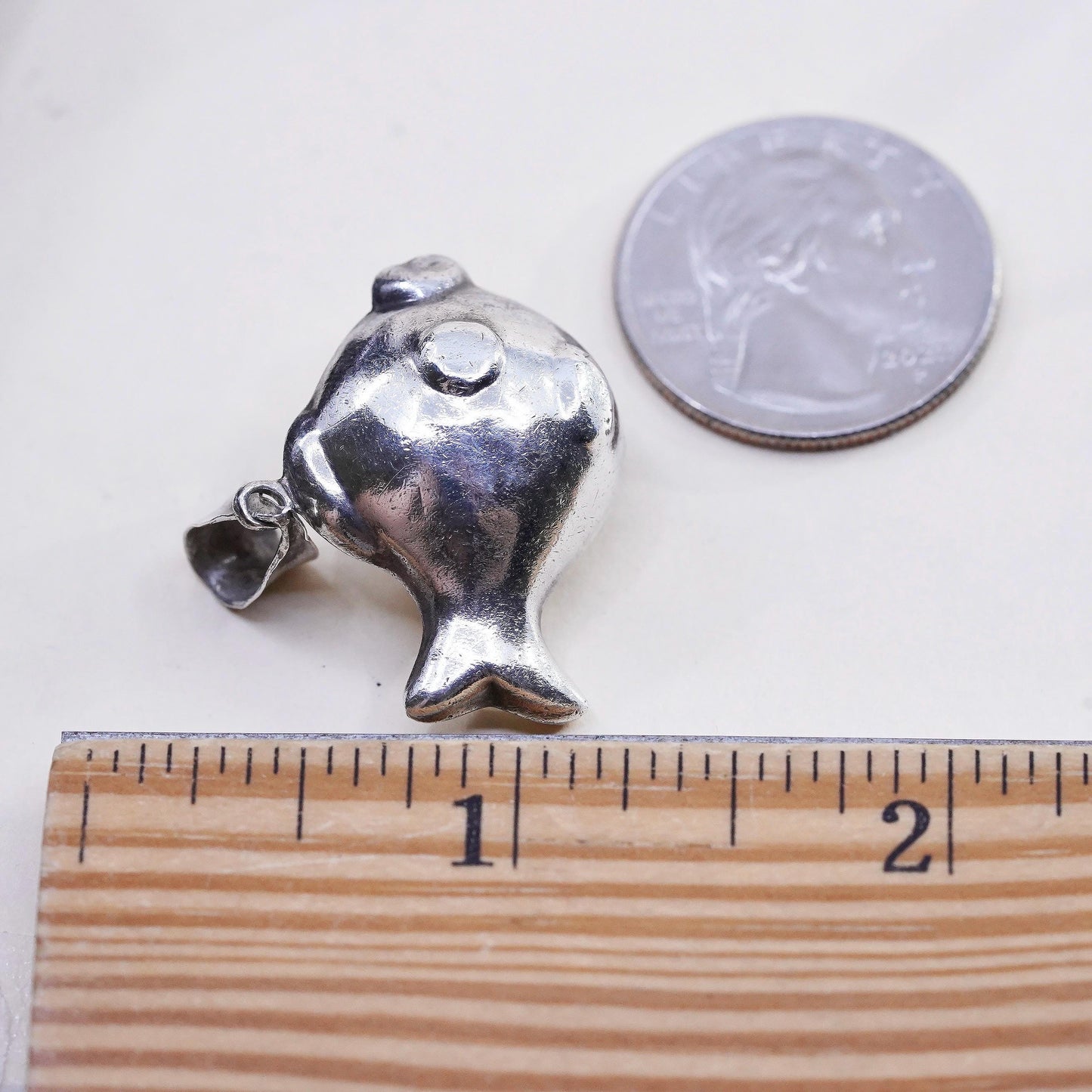 Vintage sterling silver handmade puffy goofy fish charm, 925 pendant
