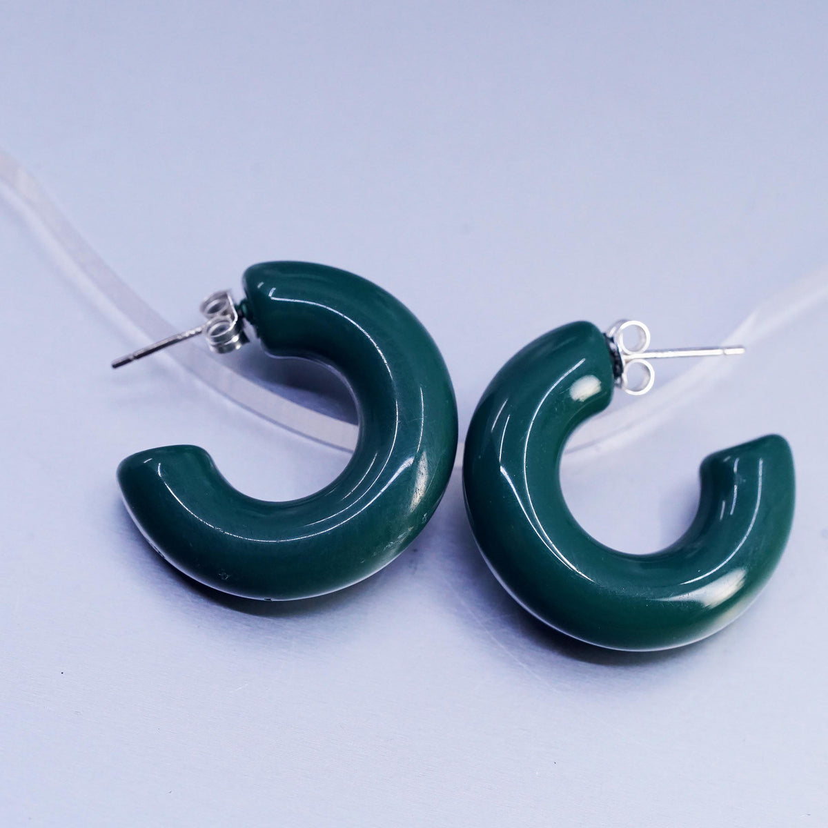 Vintage 925 Sterling Silver Handmade Hoop Earrings, huggie studs green resin