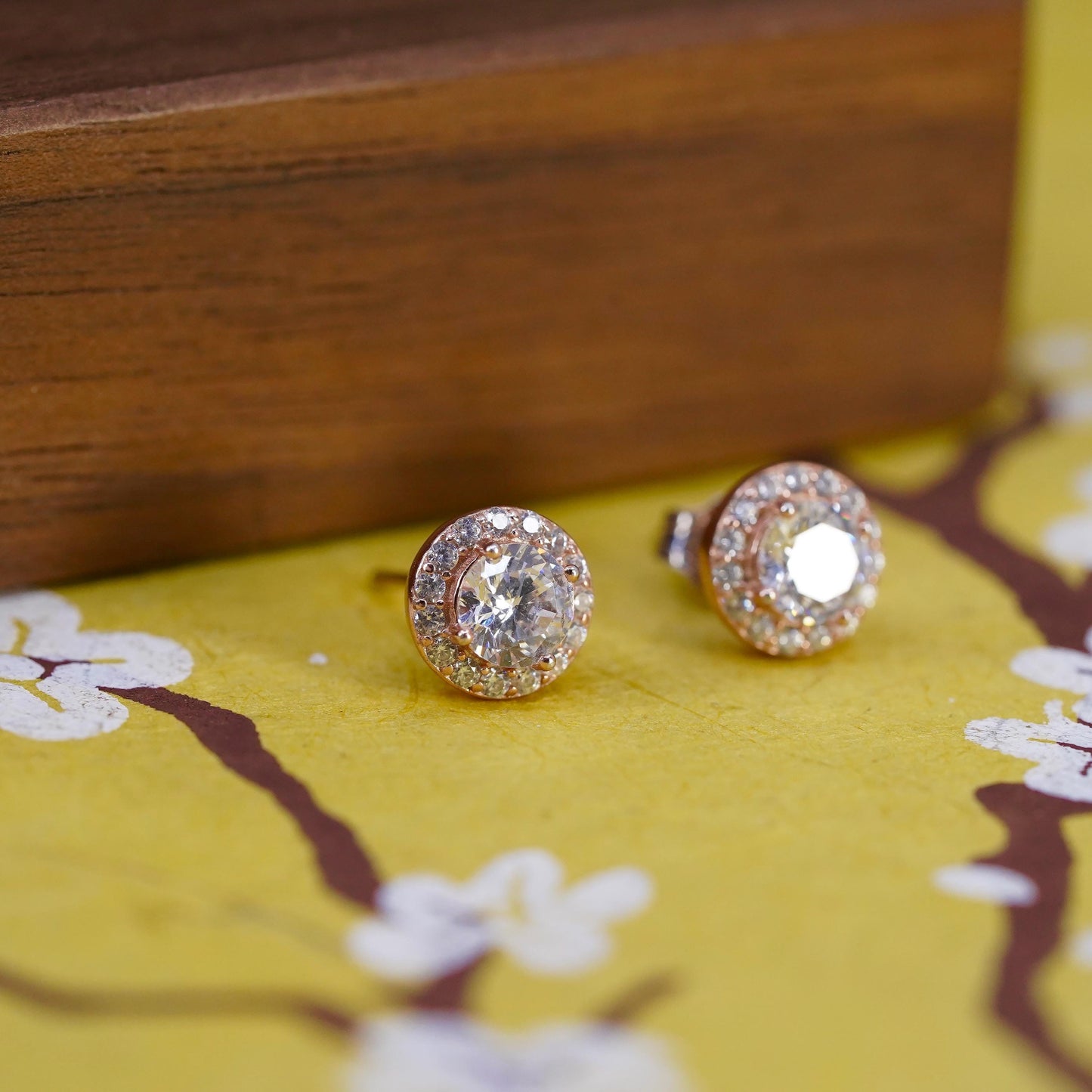 Vintage rose gold over Sterling 925 silver cluster round Cz studs, earrings