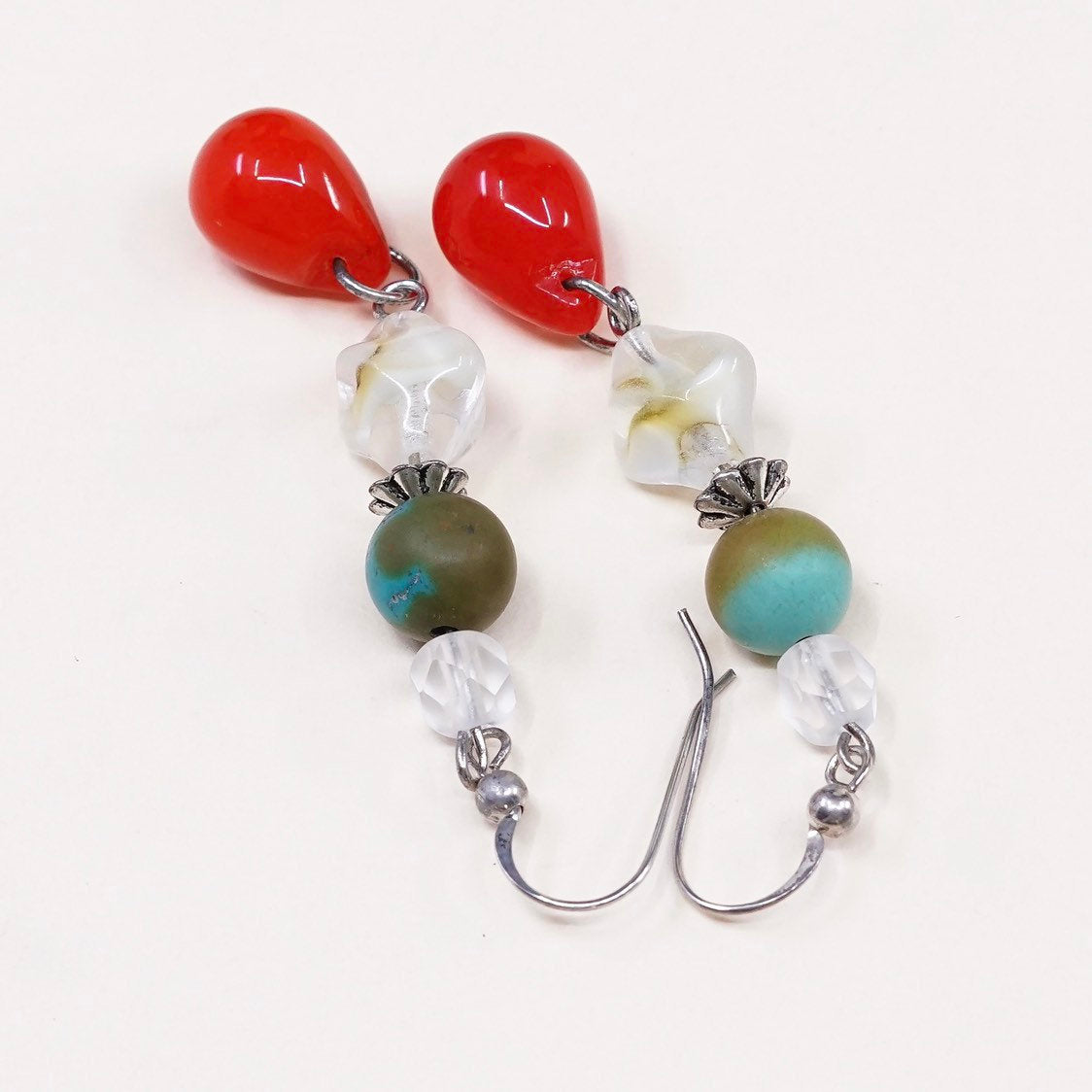 VTG sterling silver handmade earrings 925 w/ turquoise n teardrop red glass
