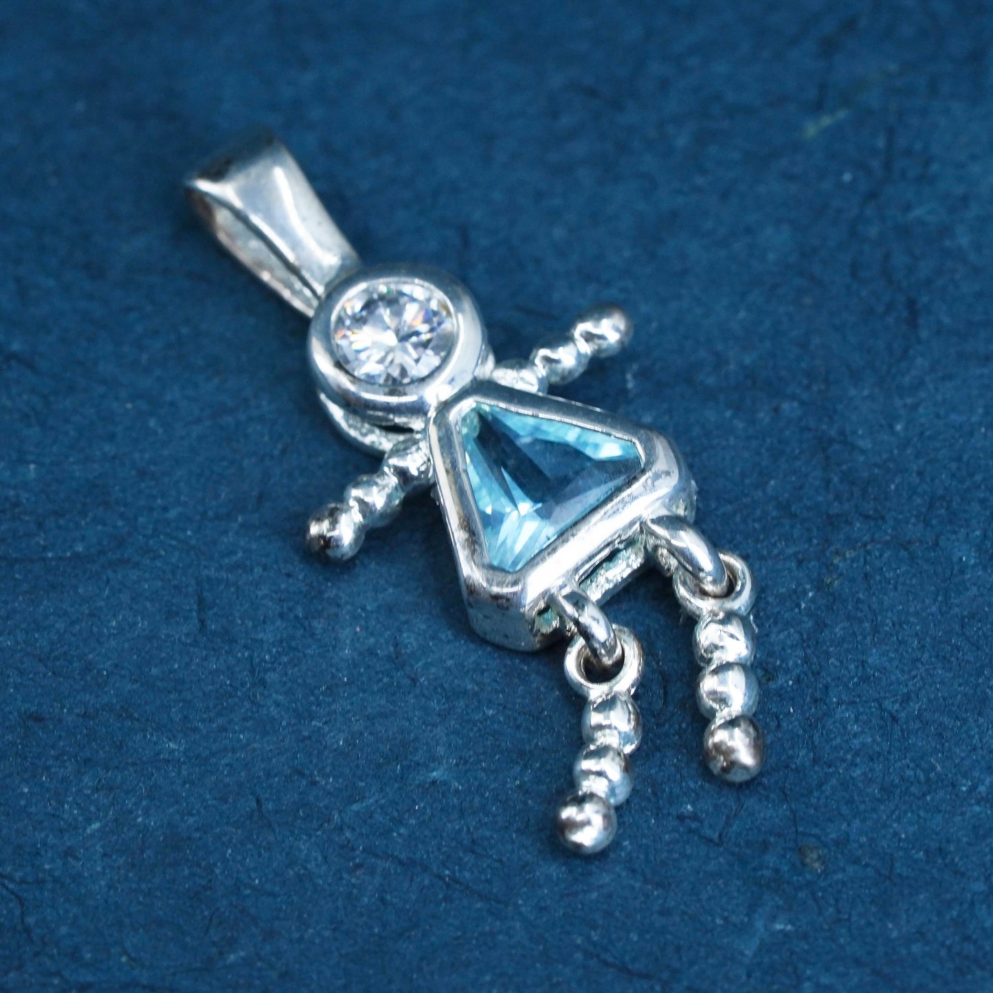 Sterling silver handmade birthstone pendant, 925 girl figure with blue crystal