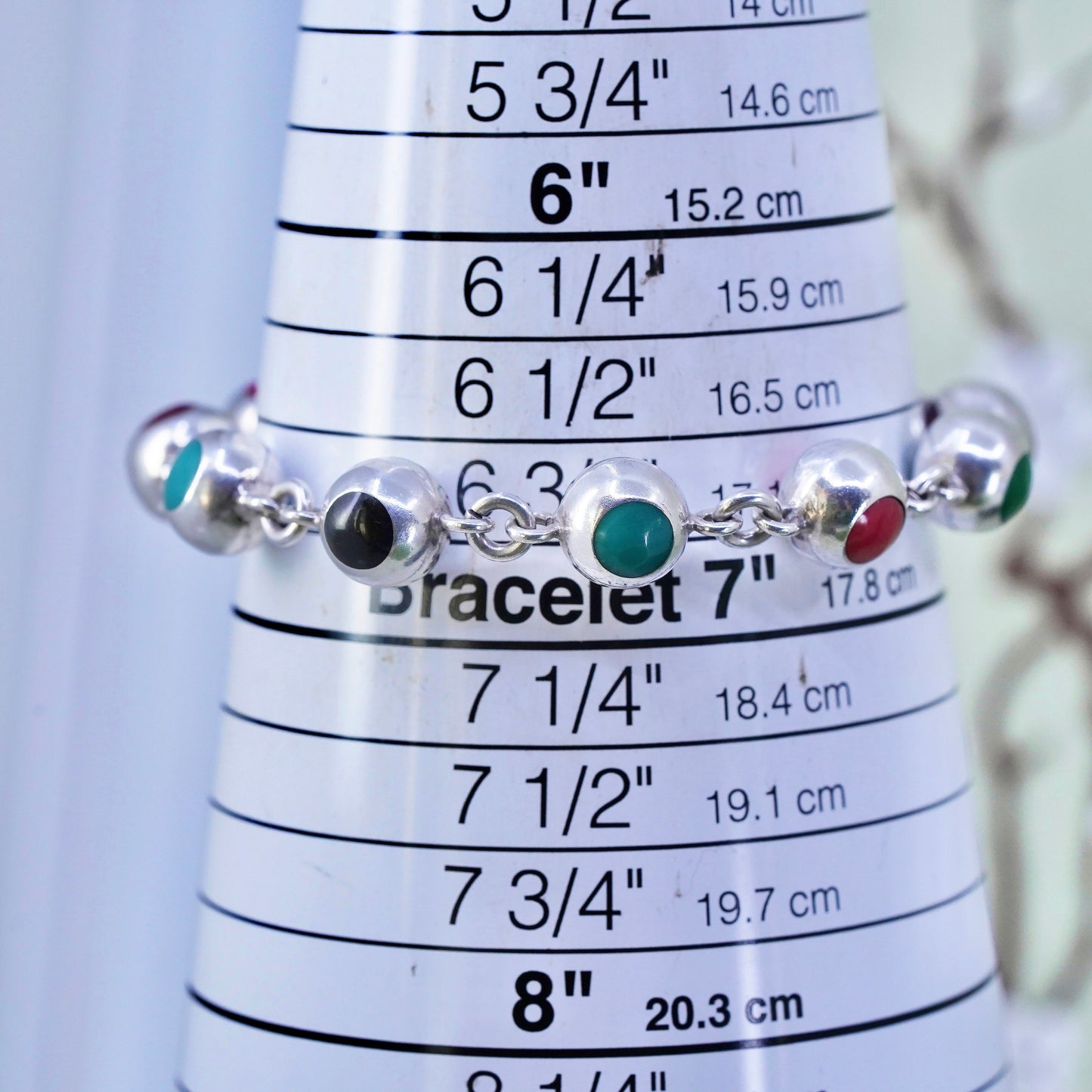 6.75", Vintage Sterling 925 silver handmade beads bracelet with rainbow enamel