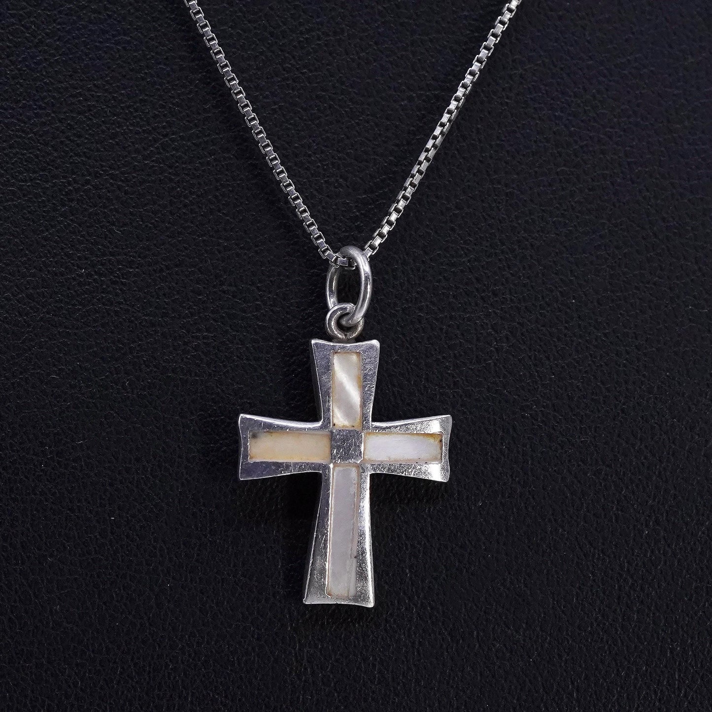 16" 1mm, vintage Sterling 925 silver box necklace mother of pearl cross pendant