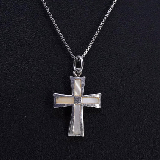 16" 1mm, vintage Sterling 925 silver box necklace mother of pearl cross pendant