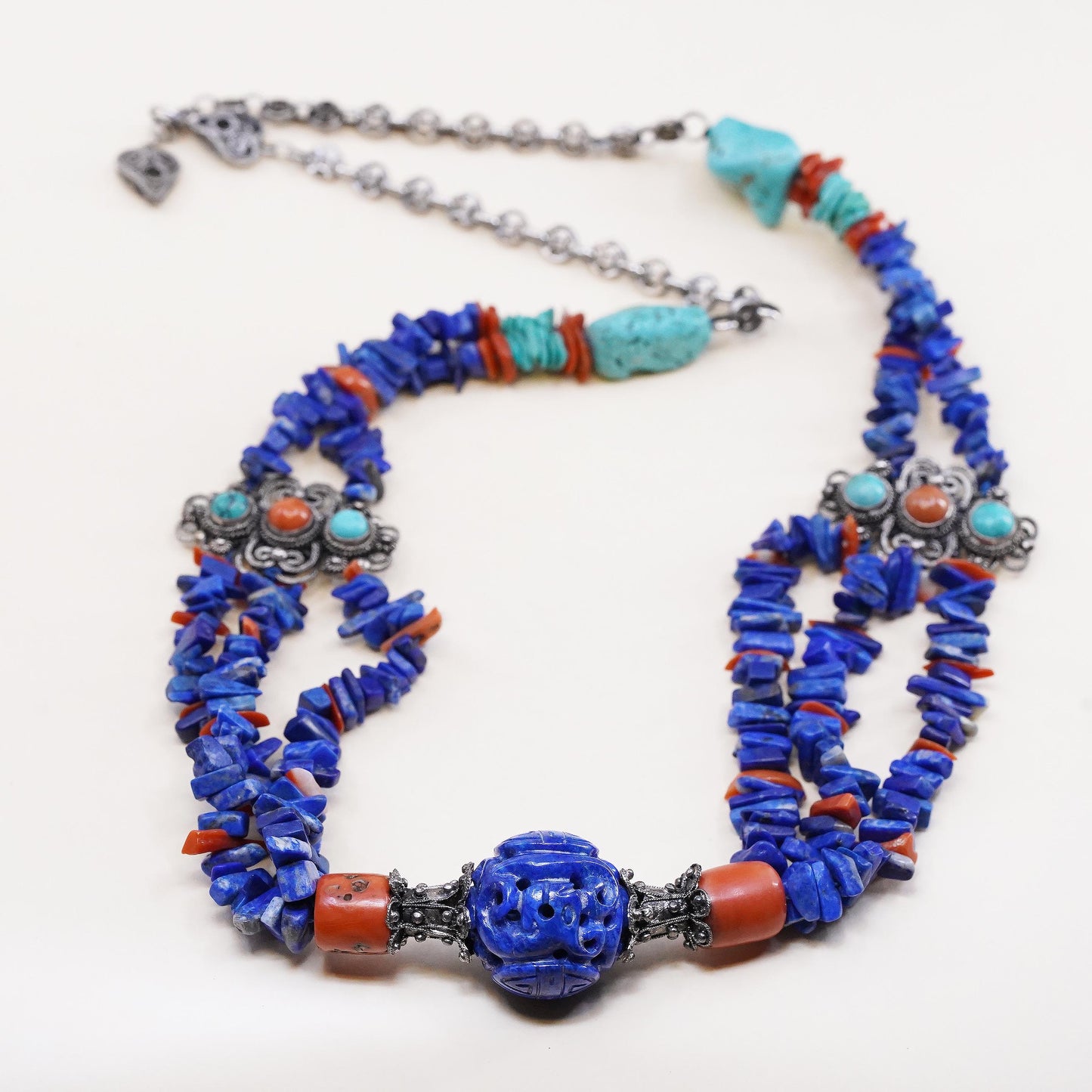 24", Native American Sterling Silver 925 Lapis Lazuli Turquoise Coral Necklace