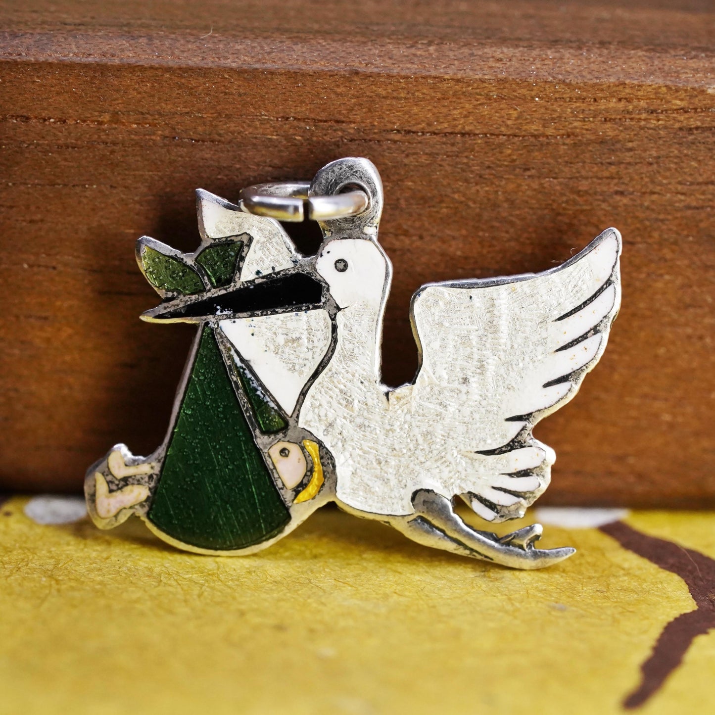 Sterling 925 Silver Enamel Stork Charm Pendant, Baby Delivery Bird Baby Bundle