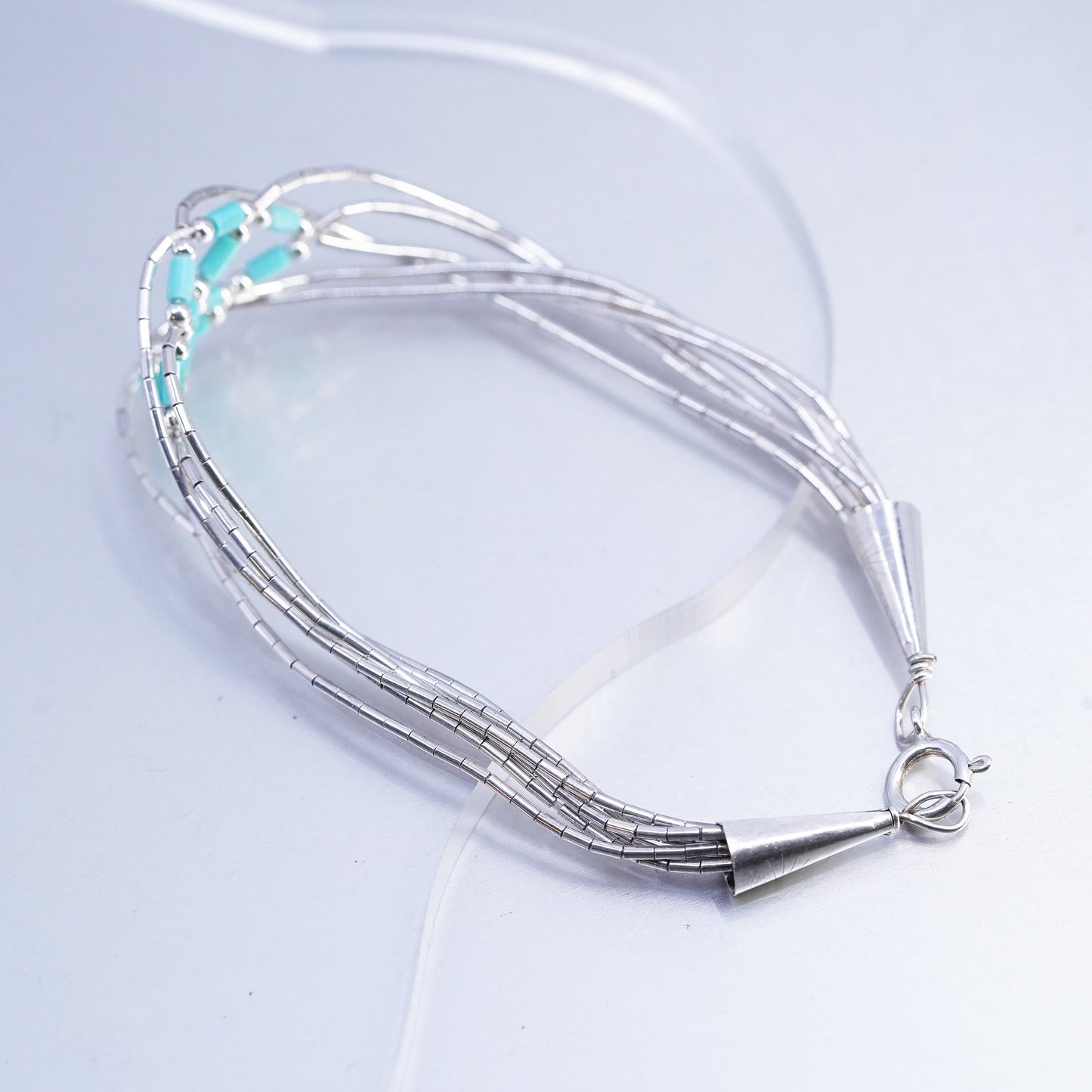 7.25”, Sterling 925 silver handmade bracelet, woven liquid chain with turquoise