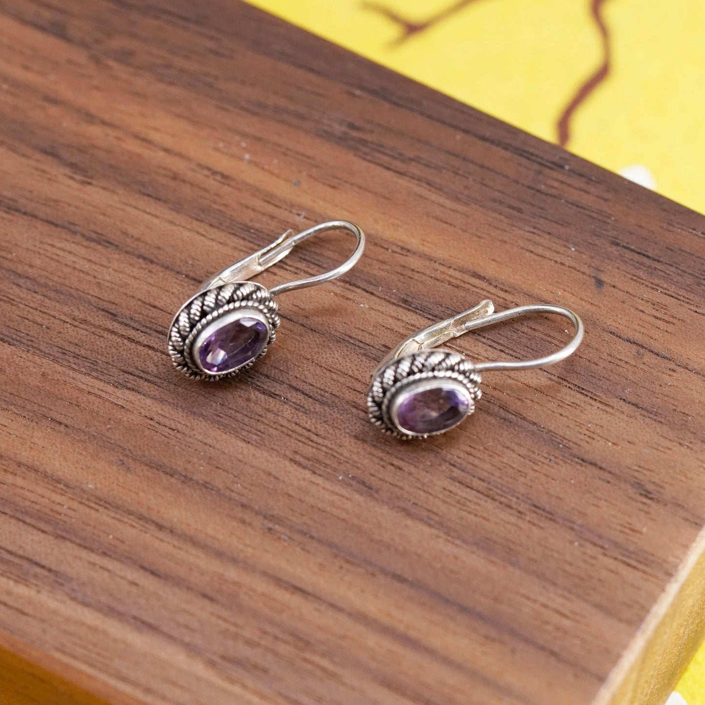 Vintage Sterling silver handmade earrings, 925 dangles with oval amethyst beads
