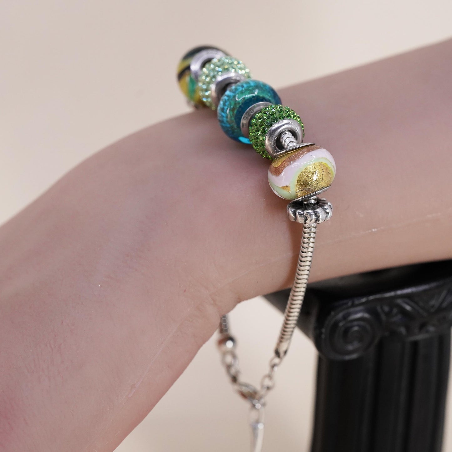 7.5", Ralph Lauren RL Sterling silver bracelet, 925 snake 5 green bead charms