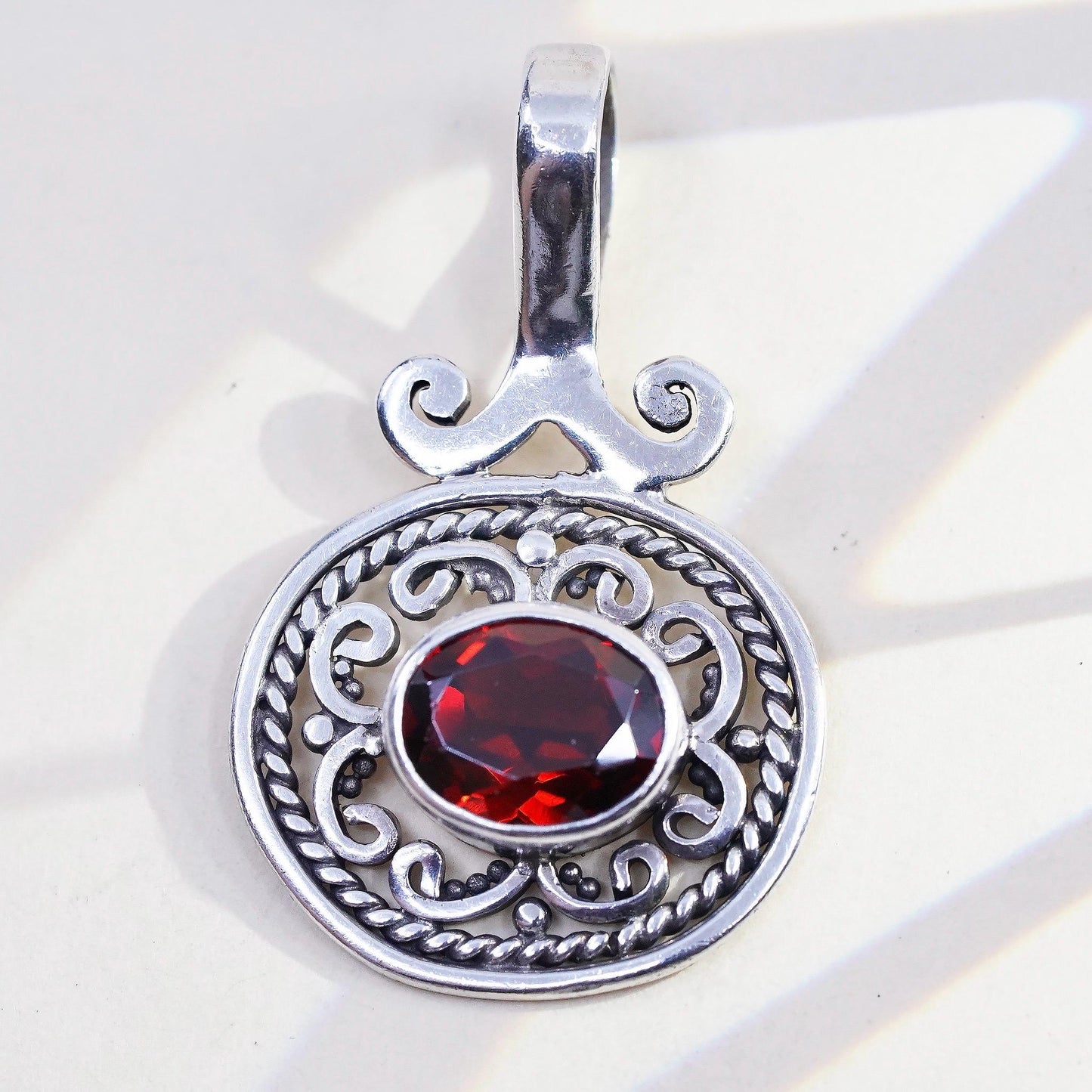 VTG 925 Sterling Silver Garnet Filigree Pendant, Red Garnet Scrollwork Charm