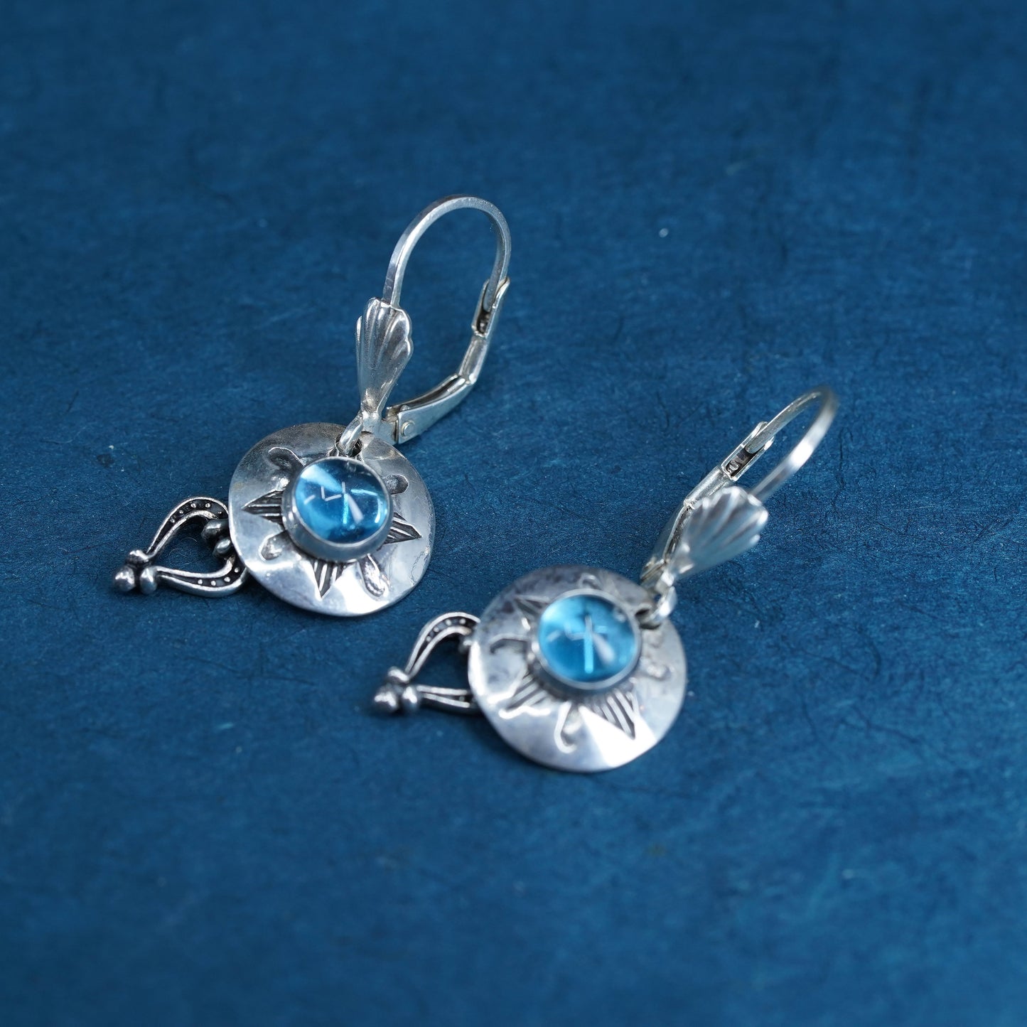 Vintage sterling 925 silver handmade sun earrings w/ blue crystal heart charms