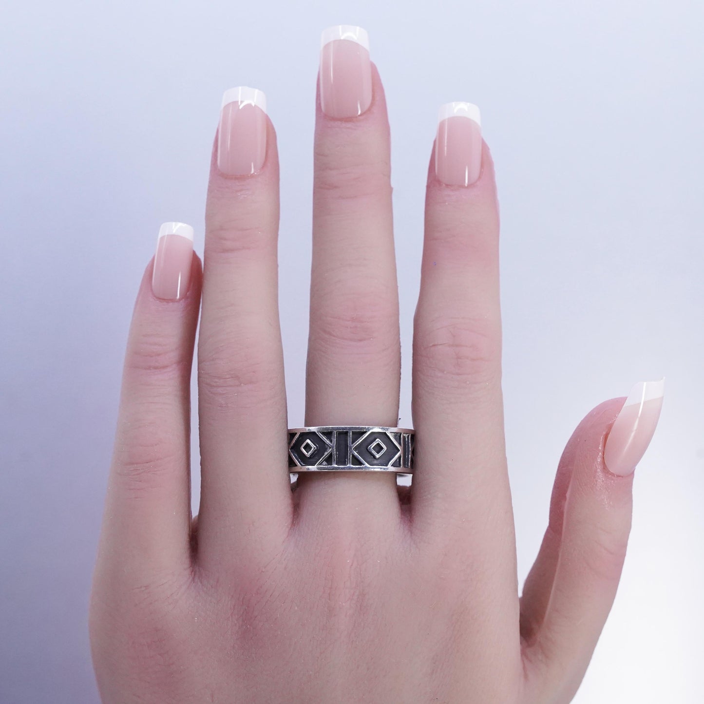 SZ 12.5, Vintage Mexican Oxidized Sterling Silver Geometric Band Ring Modernist