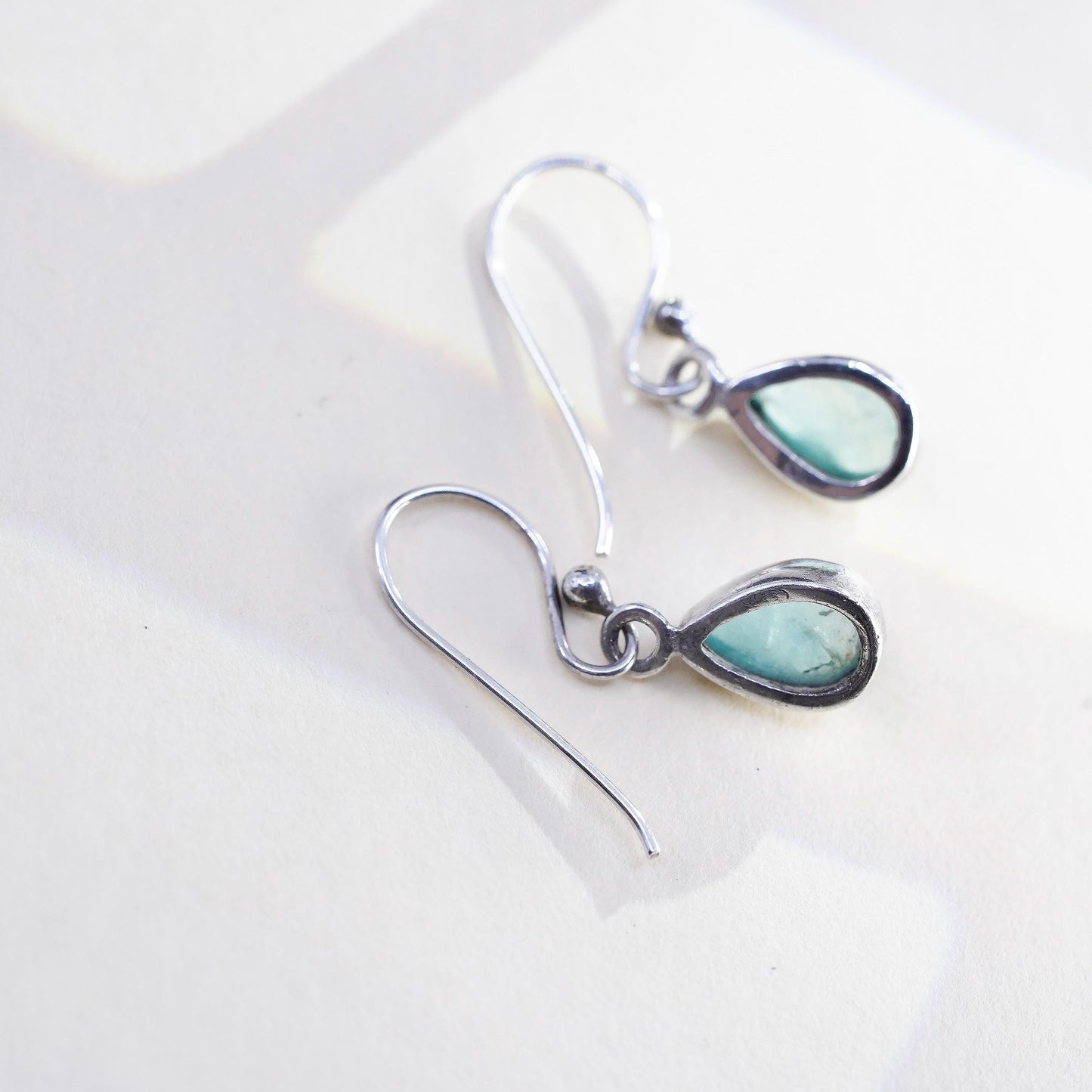 925 Sterling Silver Earrings, Pear Shaped Dangles, Minimalist Aqua Green Drops