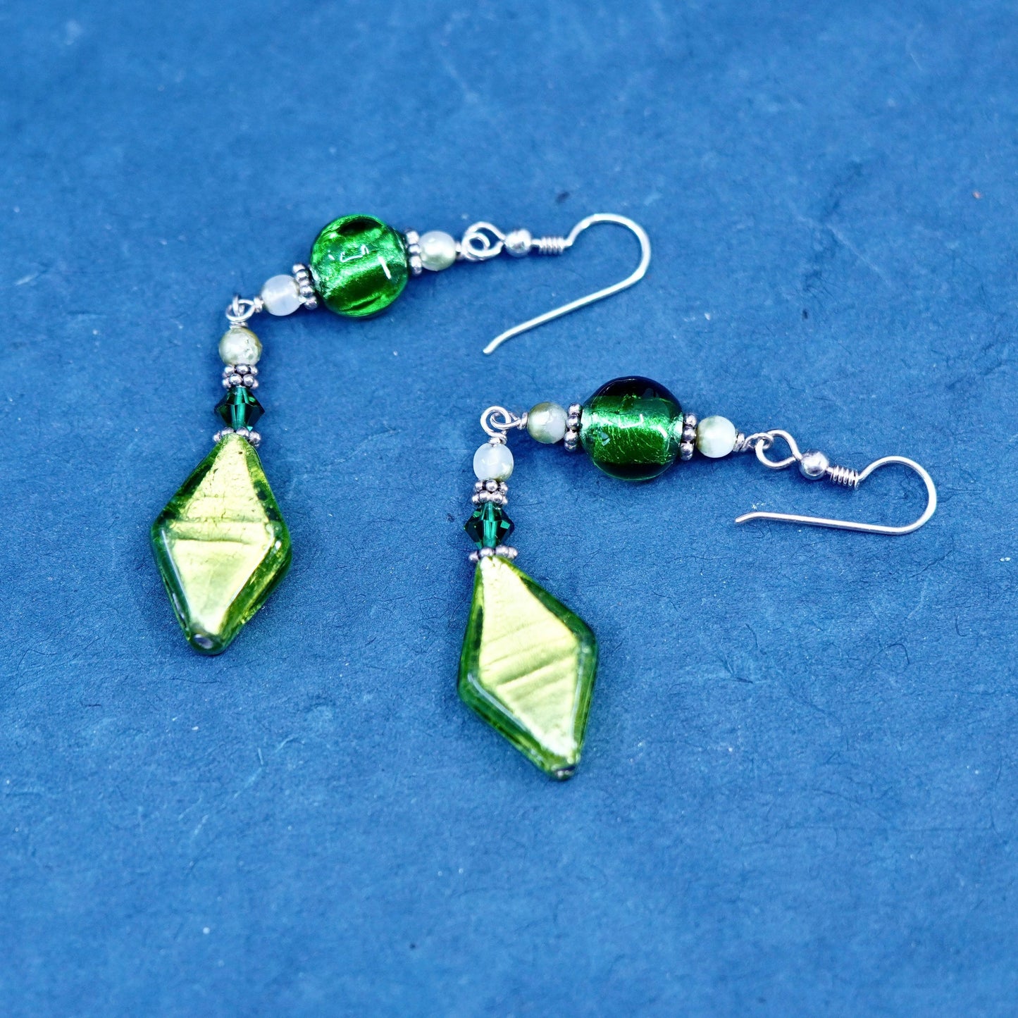 3”, Vintage sterling silver 925 handmade earrings w/ green foiled glass dangles
