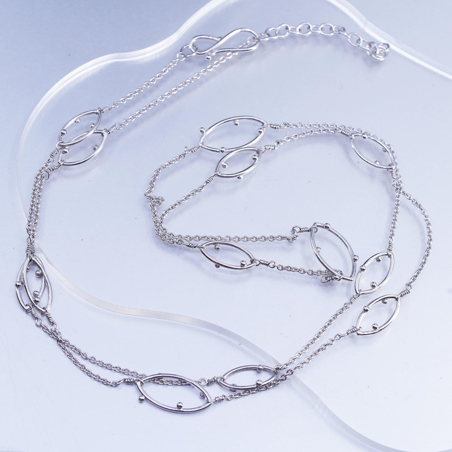36+2", vintage Sterling 925 silver extra long circle necklace marquise beaded