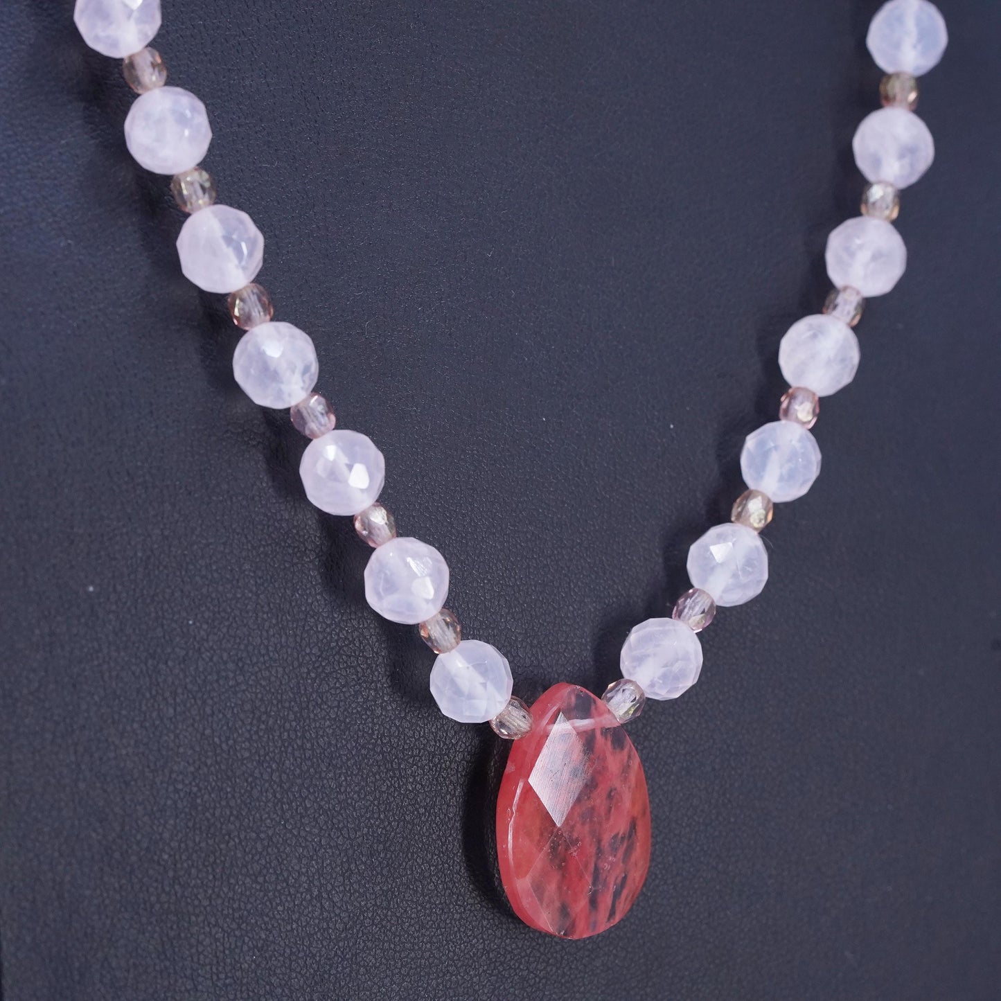 19", 925 Sterling Silver Pink Rose Quartz Beads cherry quartz teardrop pendant