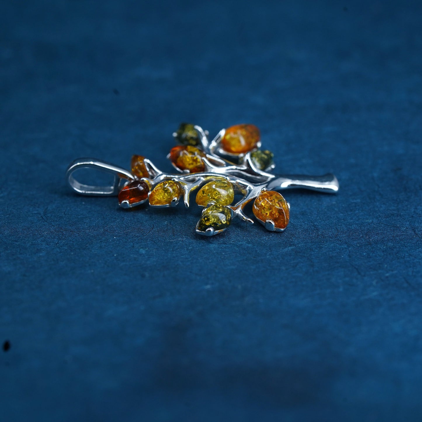 Vintage Sterling silver handmade pendant, 925 family tree with amber