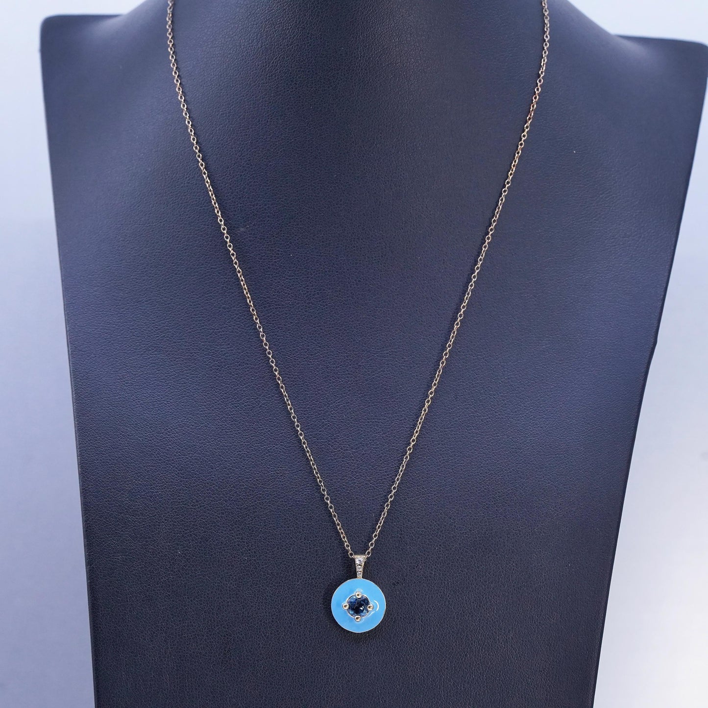 18", gold plated Sterling 925 silver circle necklace enamel blue topaz pendant