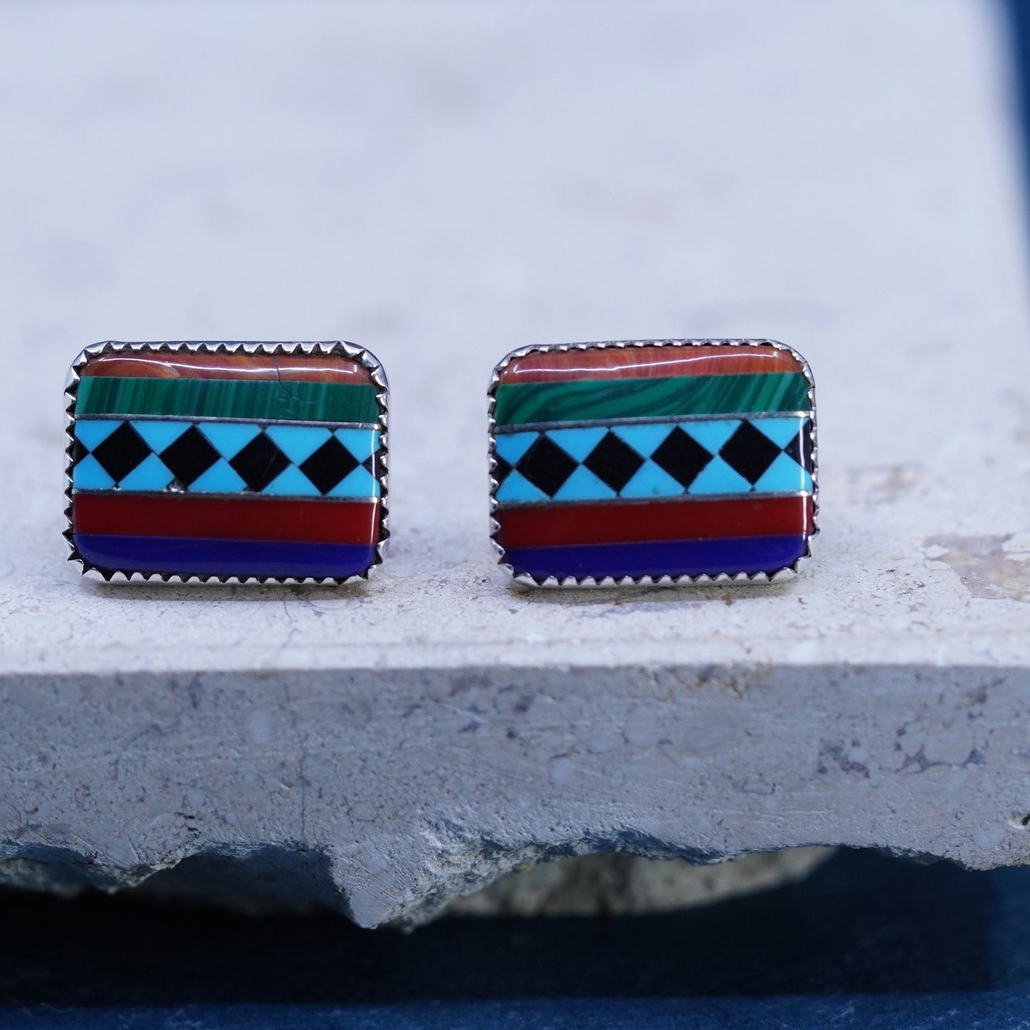 Native American sterling silver earrings, rectangular 925 studs, Zuni, Navajo