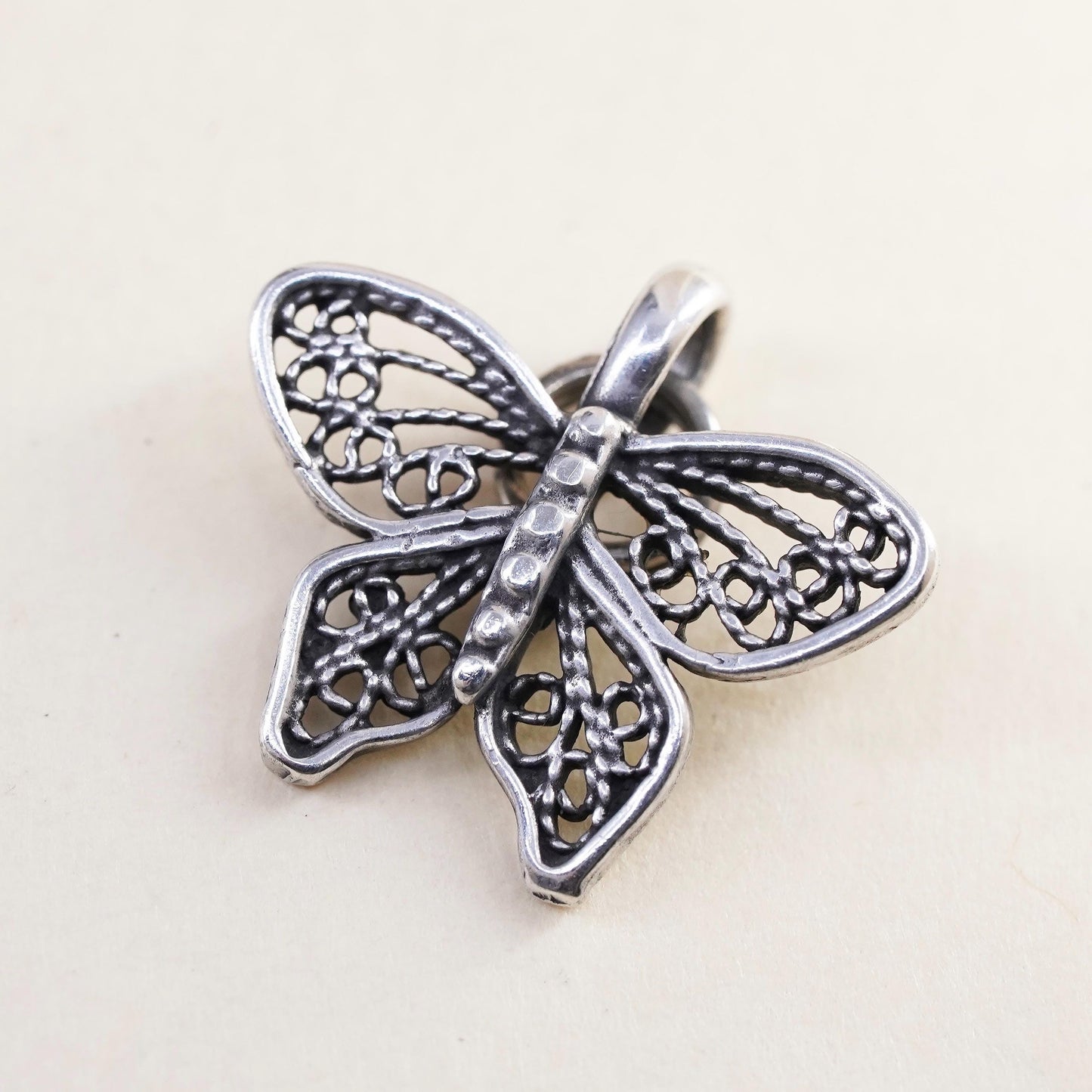 Vintage sterling silver filigree butterfly pendant, 925 handmade charm