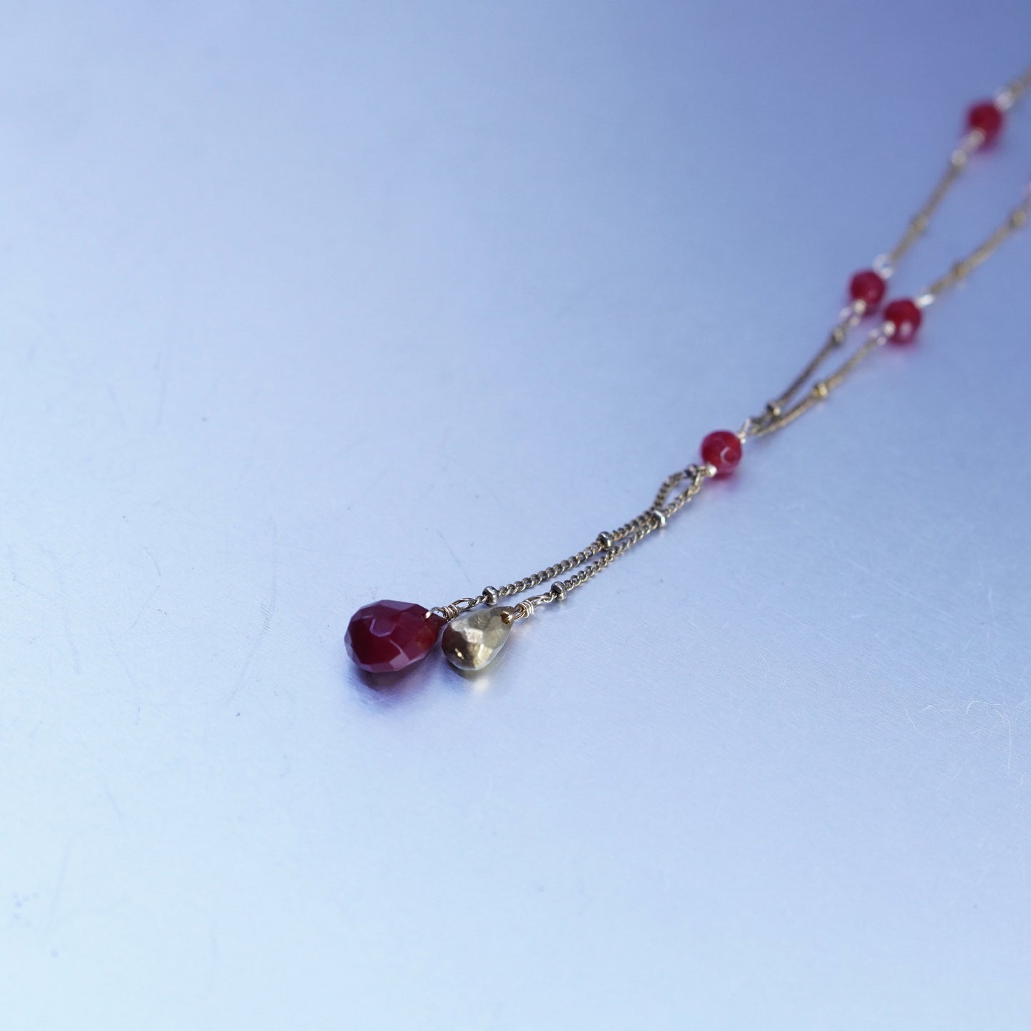 17”, vermeil gold Sterling 925 silver curb chain necklace teardrop ruby pendant