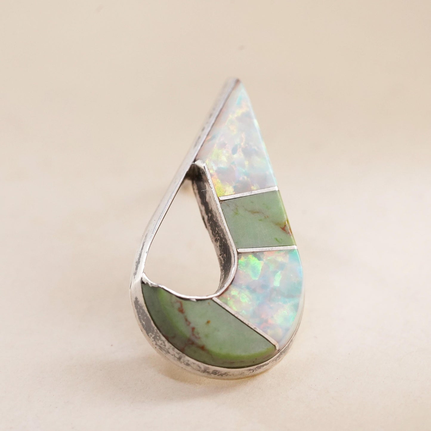 Native American Zuni single earring. Sterling 925 silver teardrop stud opal