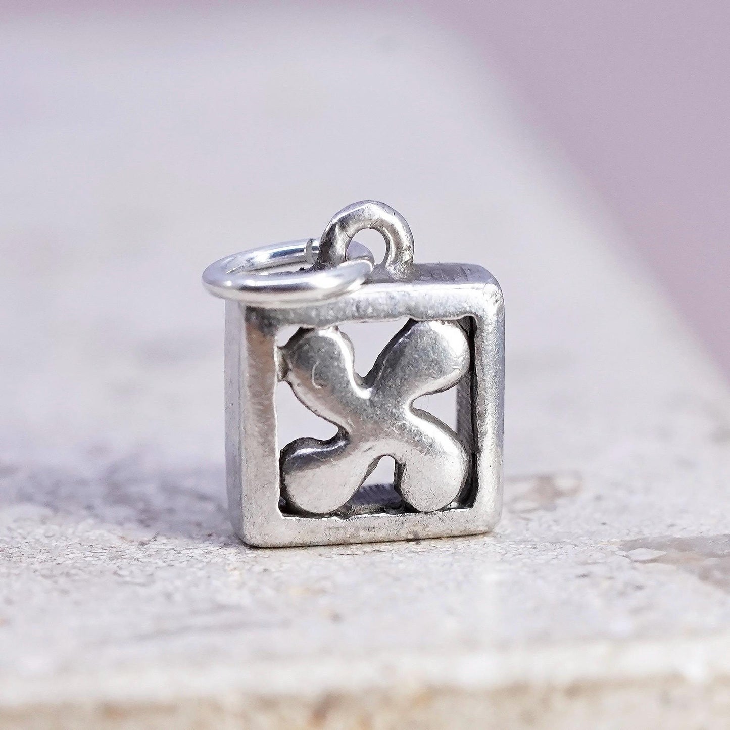Vintage sterling 925 silver handmade pendant, square charm