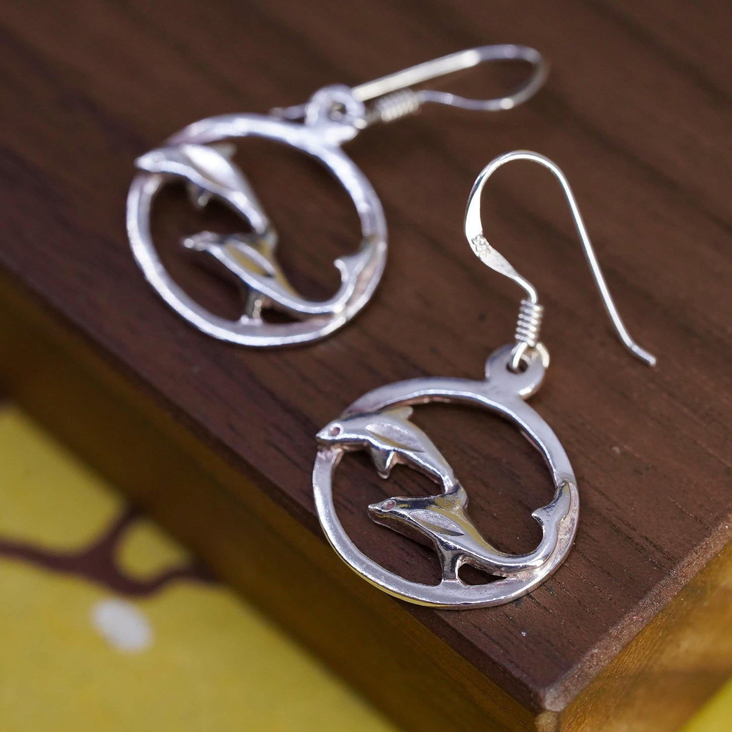 Vintage Sterling silver handmade earrings, 925 dolphin dangle
