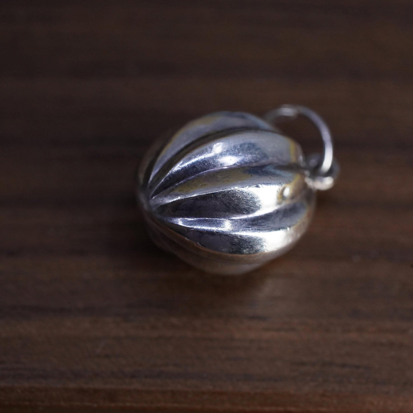 Vintage Sterling silver handmade ribbed ball charm, 925 pendant