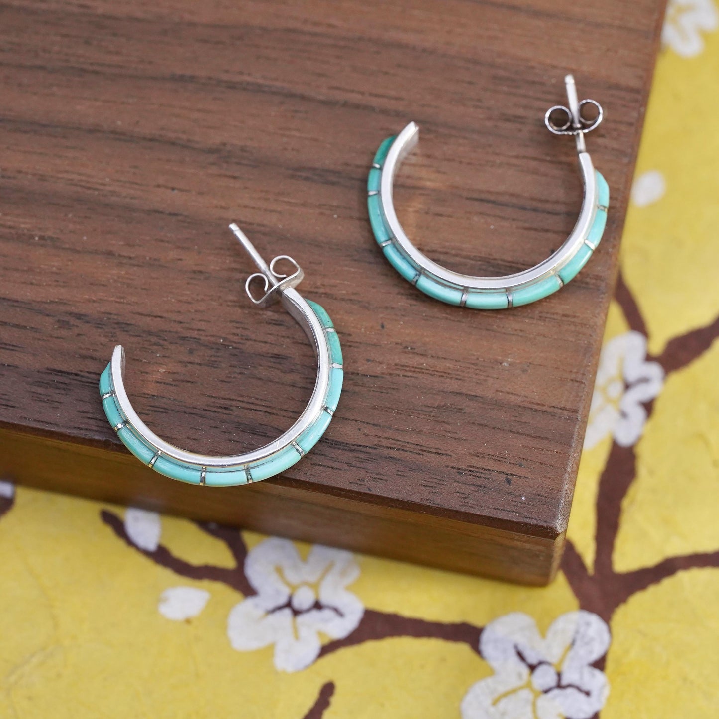1” Native American Nastacio sterling silver earrings 925 huggie studs turquoise