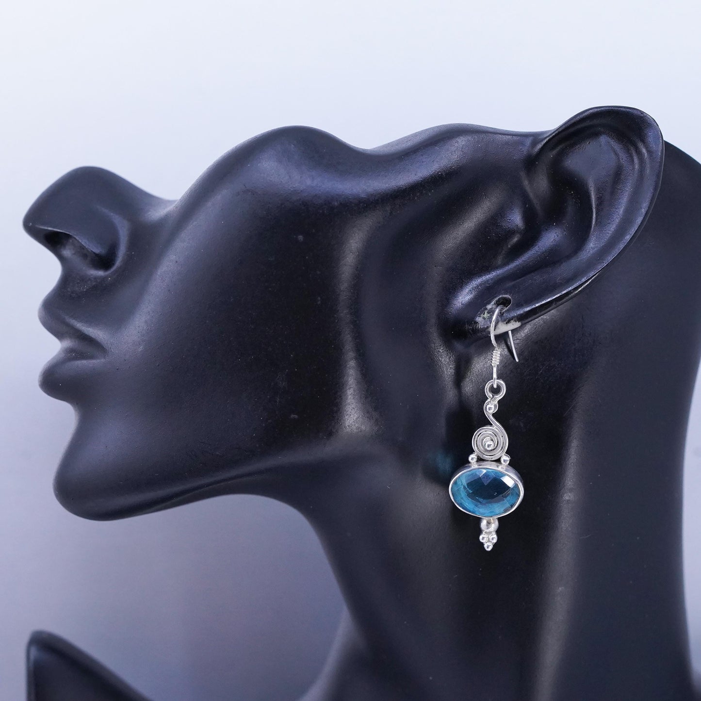 Vintage Sterling 925 silver handmade spiral earrings with blue crystal