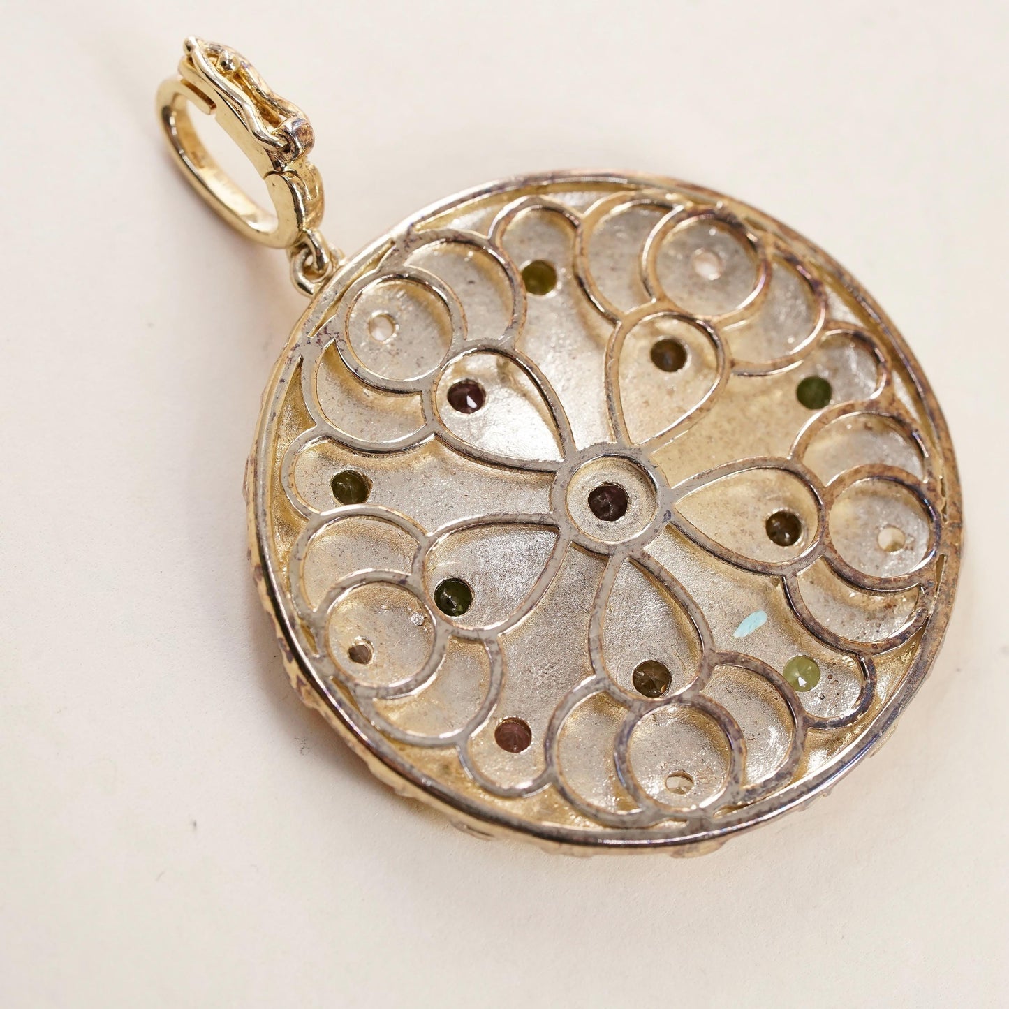 Vintage gold plated Sterling 925 silver textured flower pendant multi gemstones