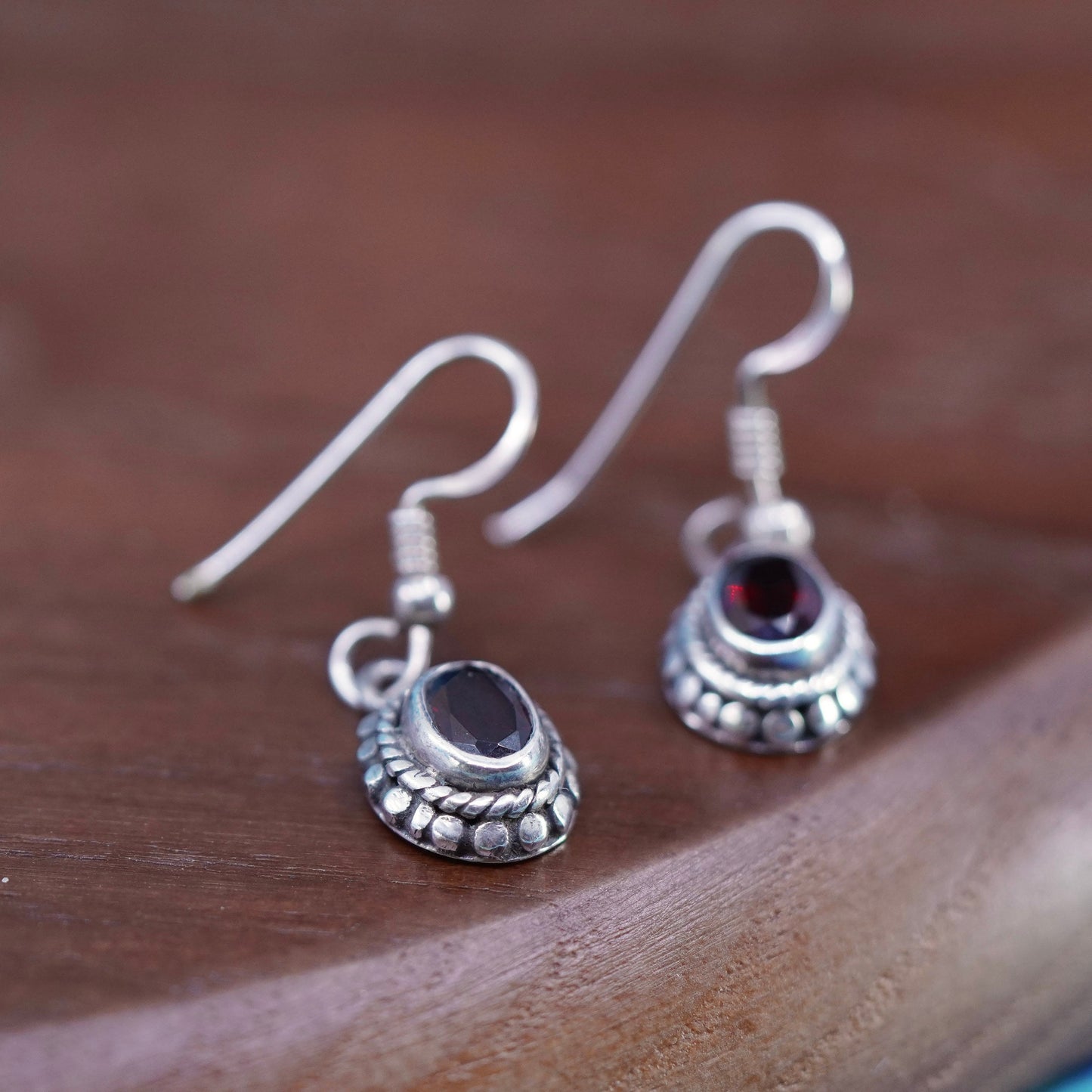 Vintage Sterling 925 silver handmade earrings with oval ruby