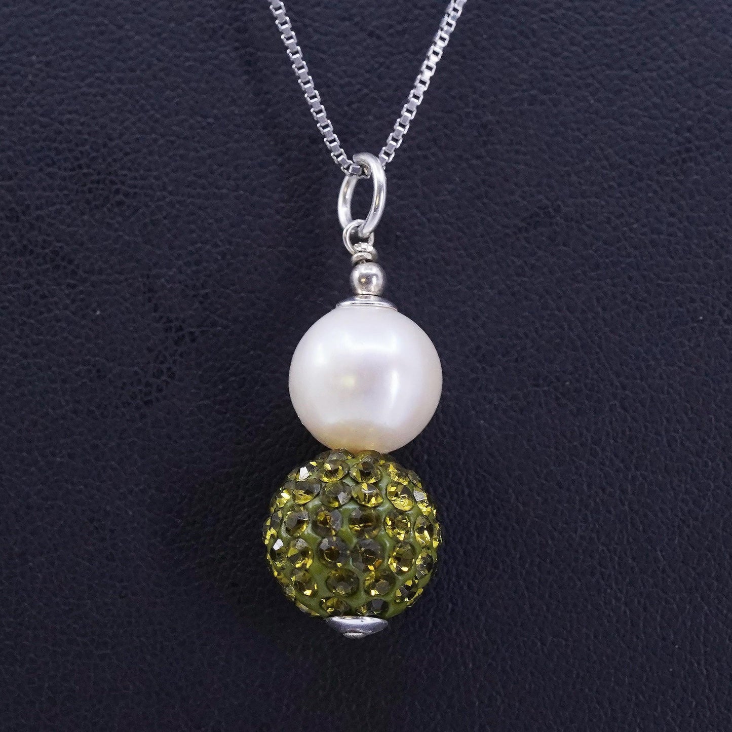 18”, Vintage Sterling 925 silver box necklace pearl green crystal bead pendant