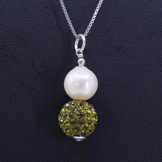 18”, Vintage Sterling 925 silver box necklace pearl green crystal bead pendant