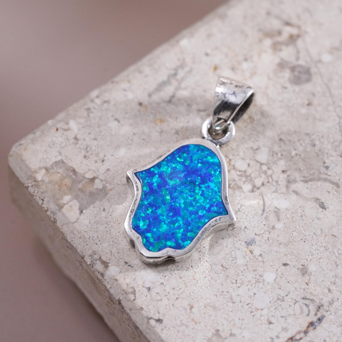 Vintage Sterling silver handmade pendant, 925 healing hand with opal inlay