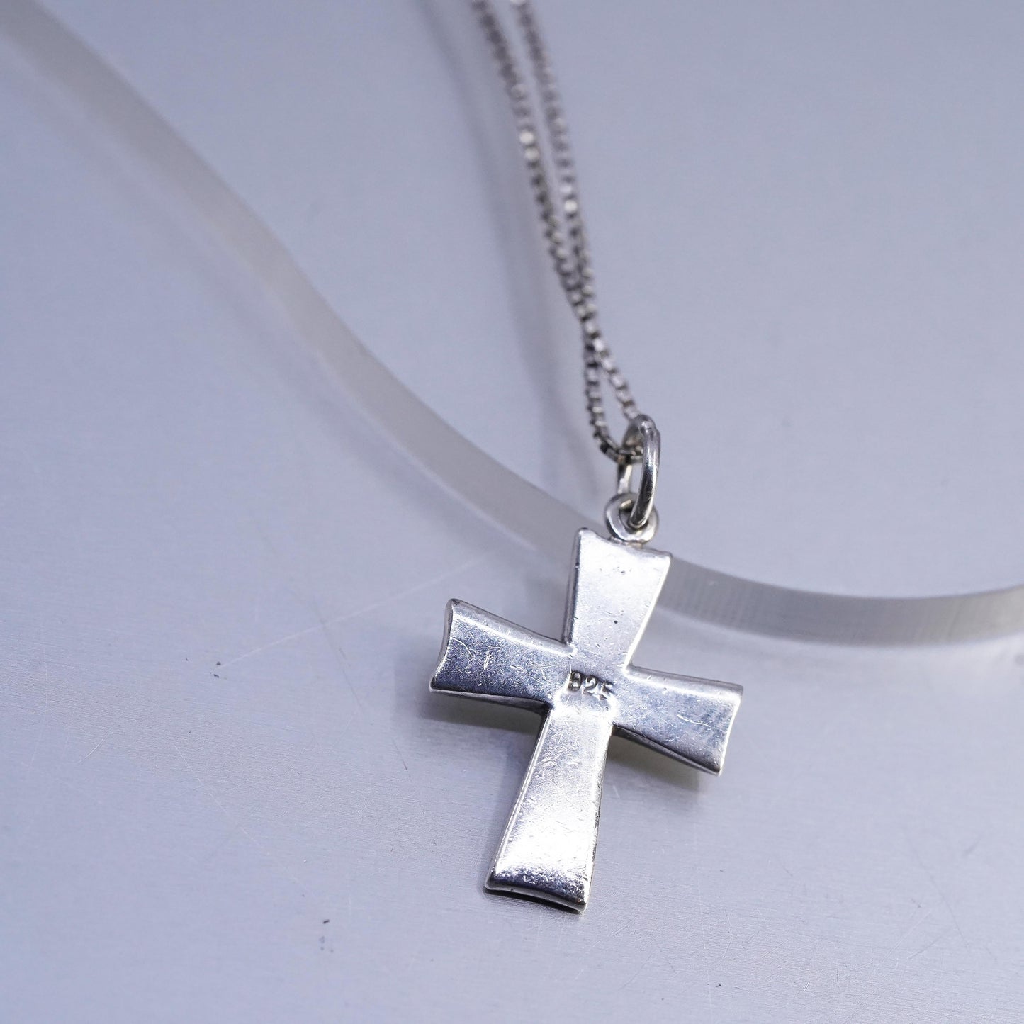 16" 1mm, vintage Sterling 925 silver box necklace mother of pearl cross pendant