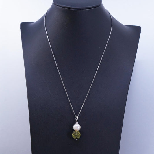 18”, Vintage Sterling 925 silver box necklace pearl green crystal bead pendant