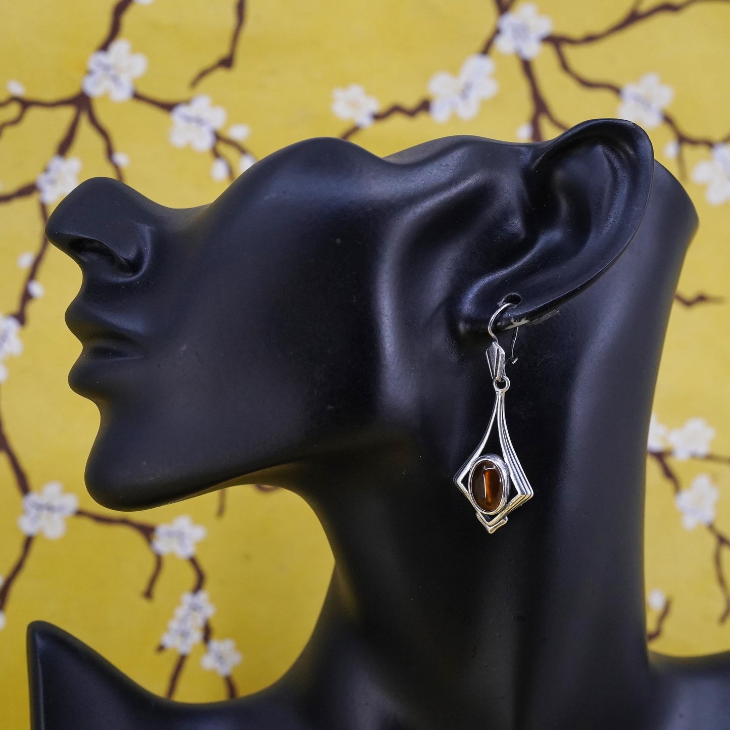 Vintage Sterling 925 silver handmade earrings with oval amber dangle