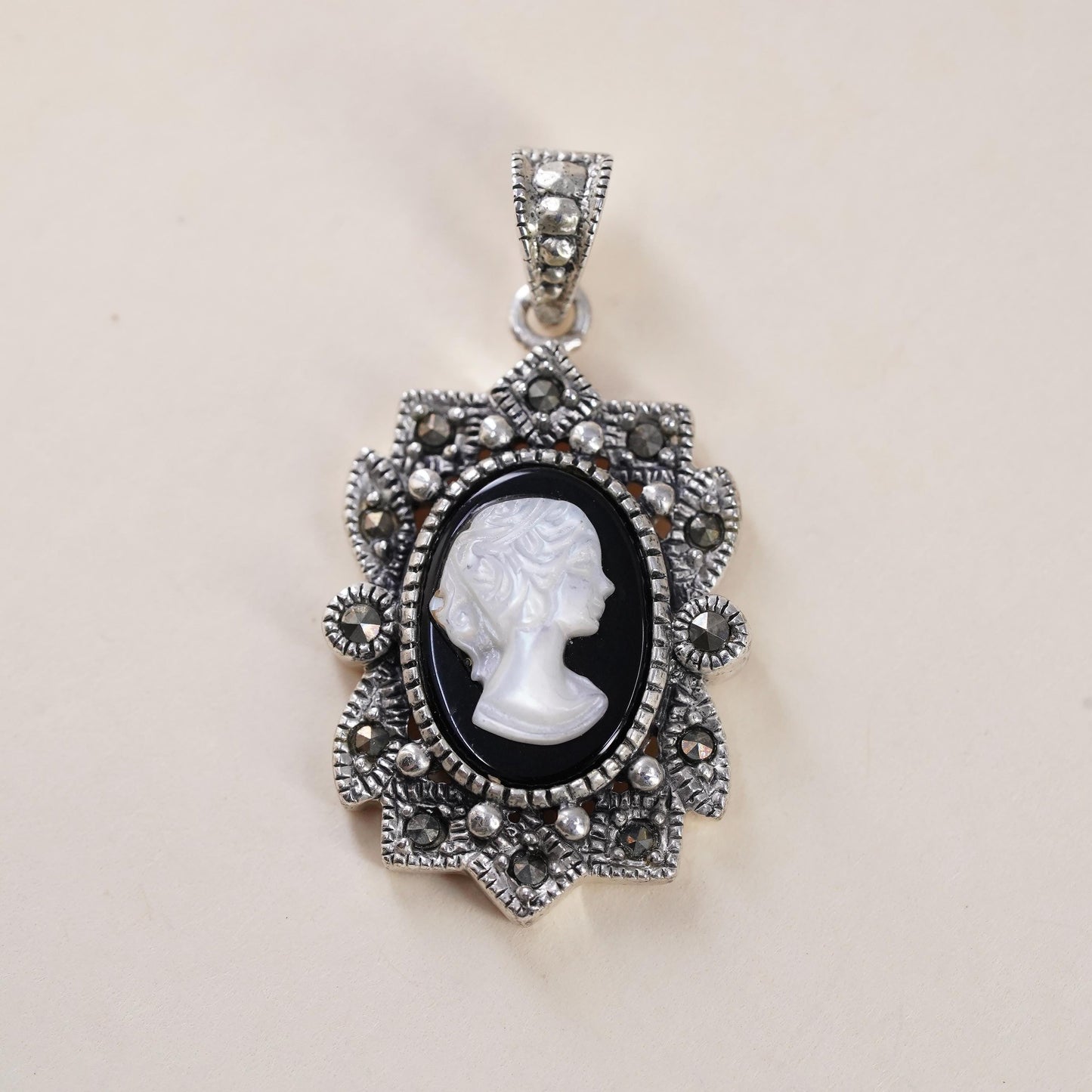 VTG Sterling 925 silver pendant mother of pearl cameo lady cluster marcasites