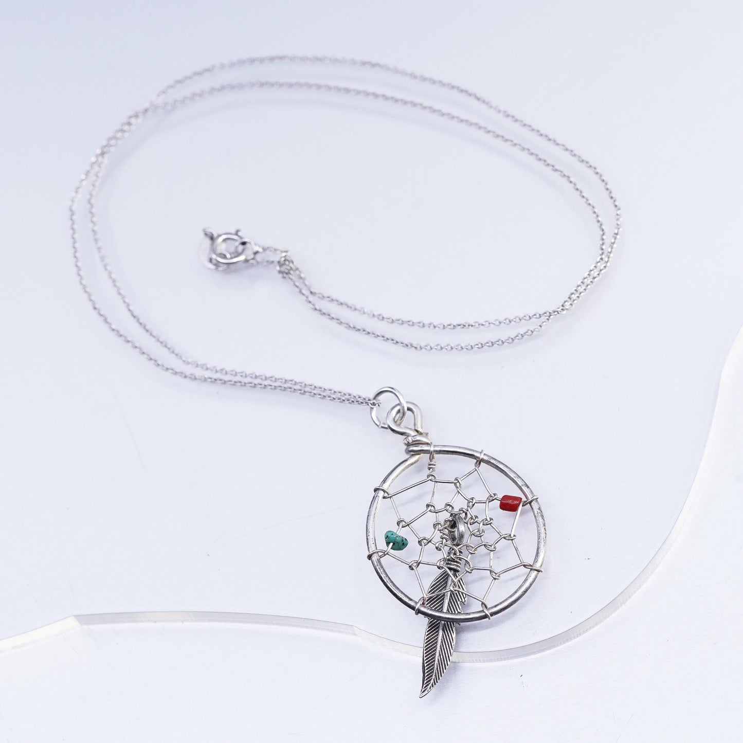 18", Native American Sterling 925 Sterling silver necklace feather pendant