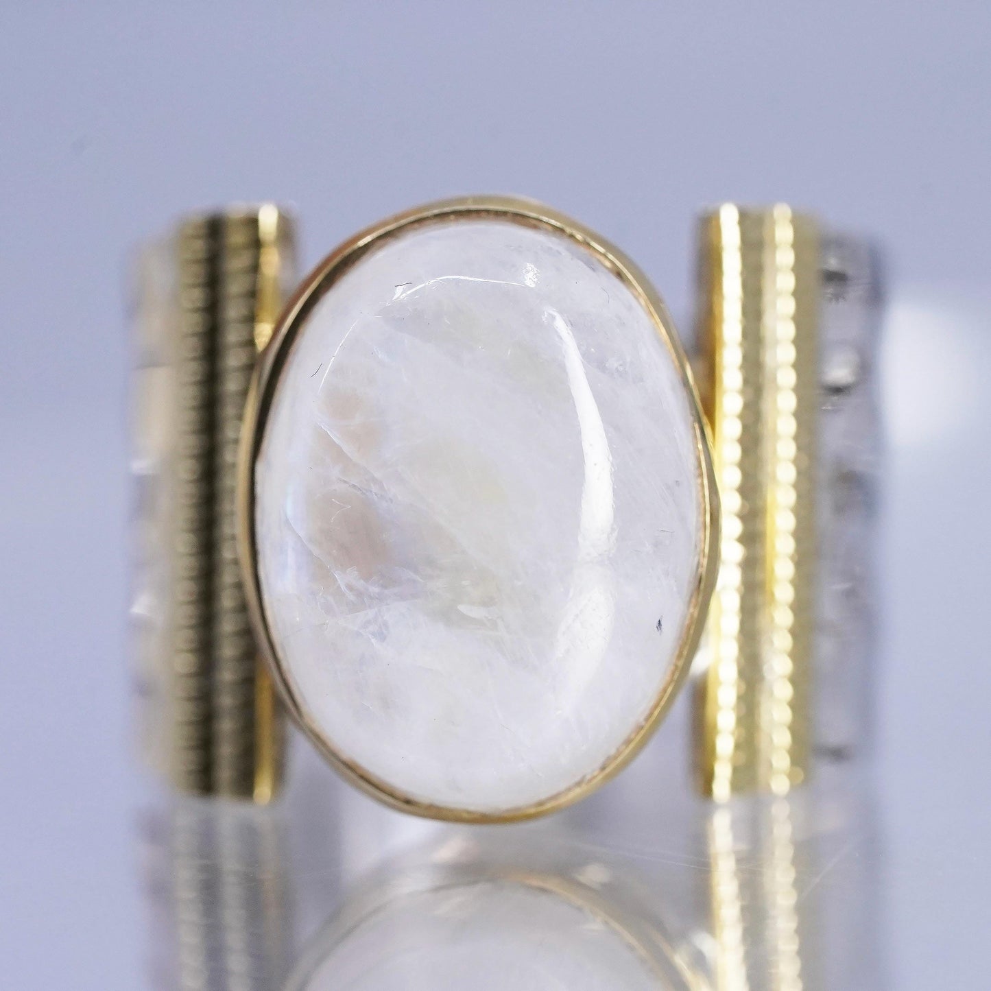 Size 9.25, vintage Indian YS two tone Sterling 925 silver ring oval moonstone