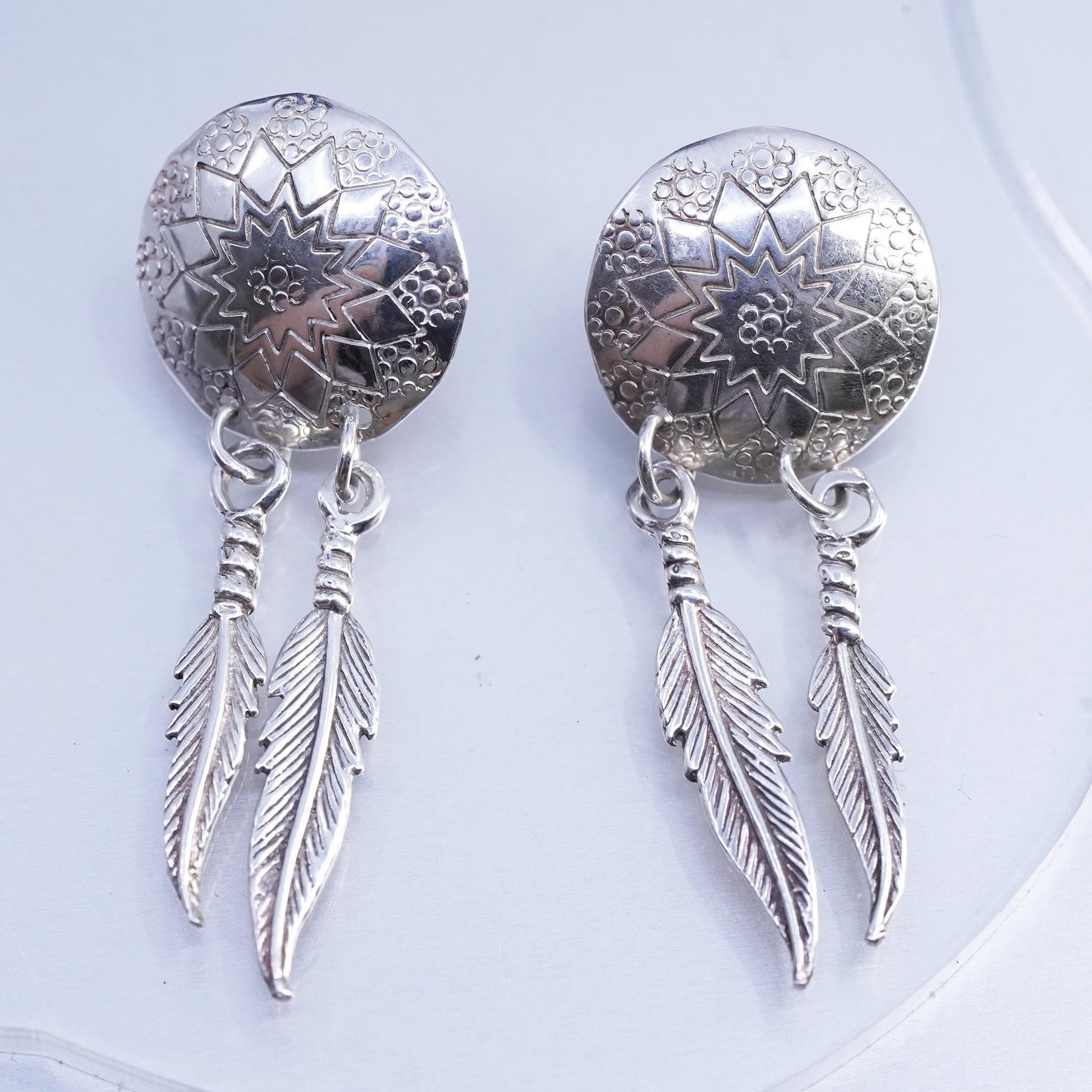 Native American Earson Sterling silver earrings, 925 disc feather dangles