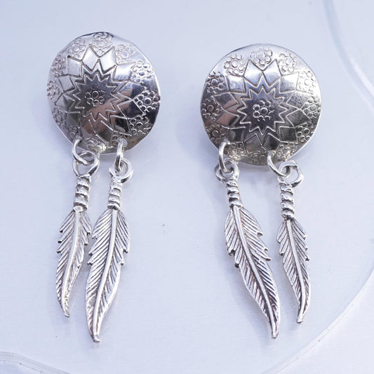 Native American Earson Sterling silver earrings, 925 disc feather dangles