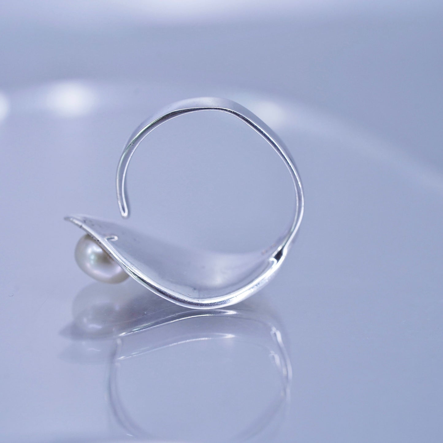 Size adjustable, vintage sterling silver ring, handmade leaf 925 band w/ pearl